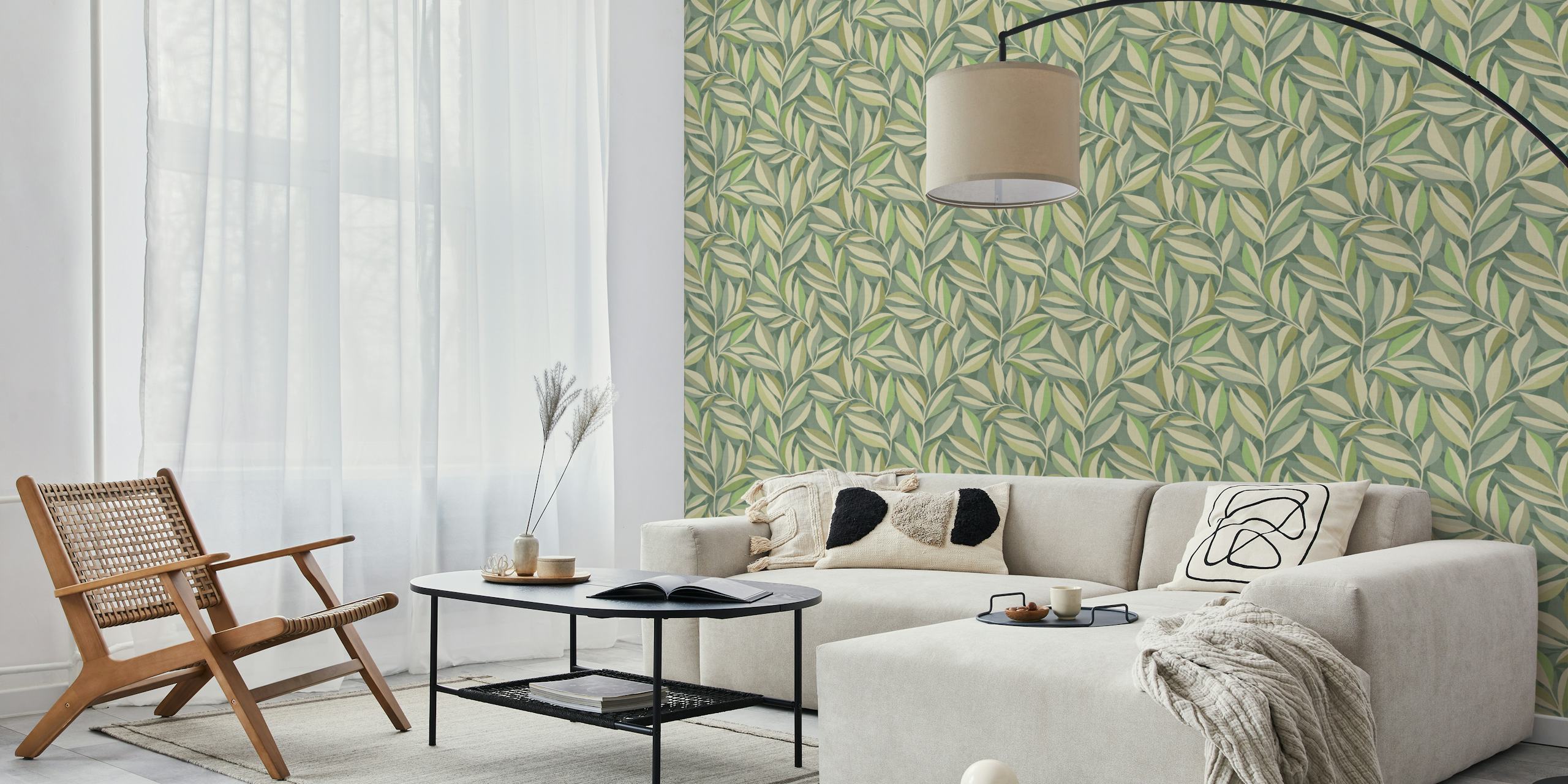 Soft Green Whispering Leaves behang in een kamer