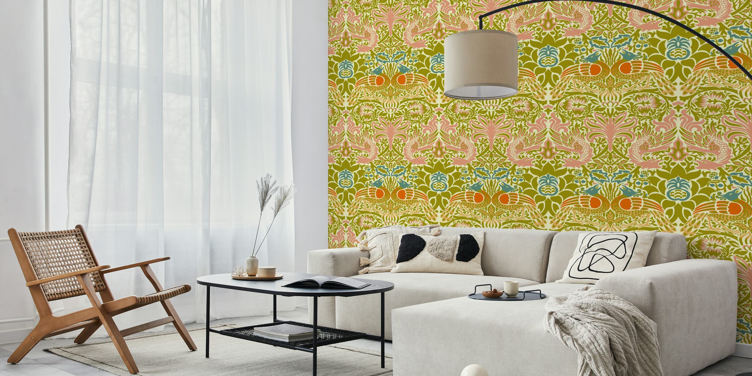 Victorian Peacock and Dragon pattern wallpaper in a room