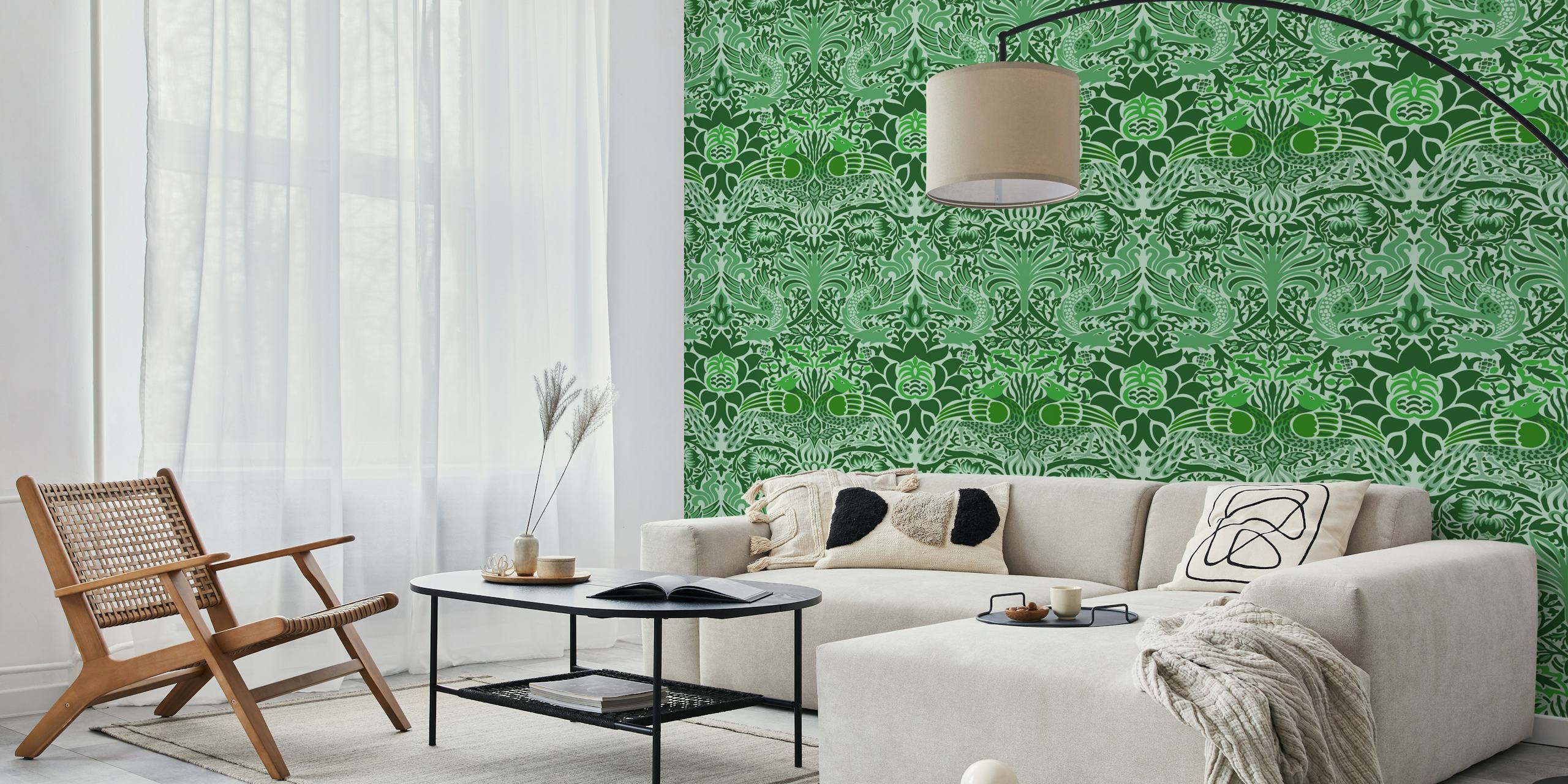 Green peacock and dragon pattern wallpaper with floral elements