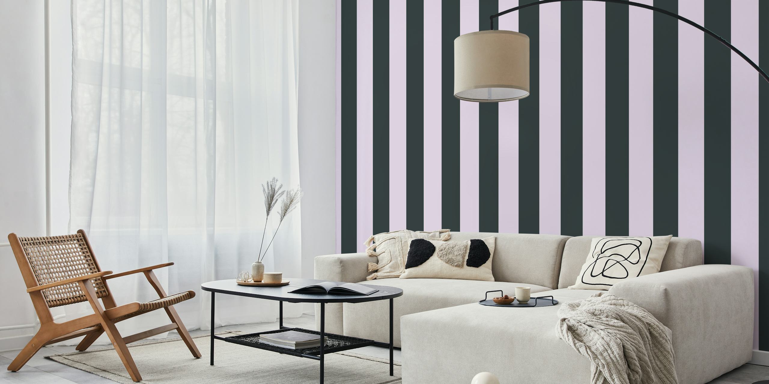 Bold vertical stripes in soft black and lavender wall mural