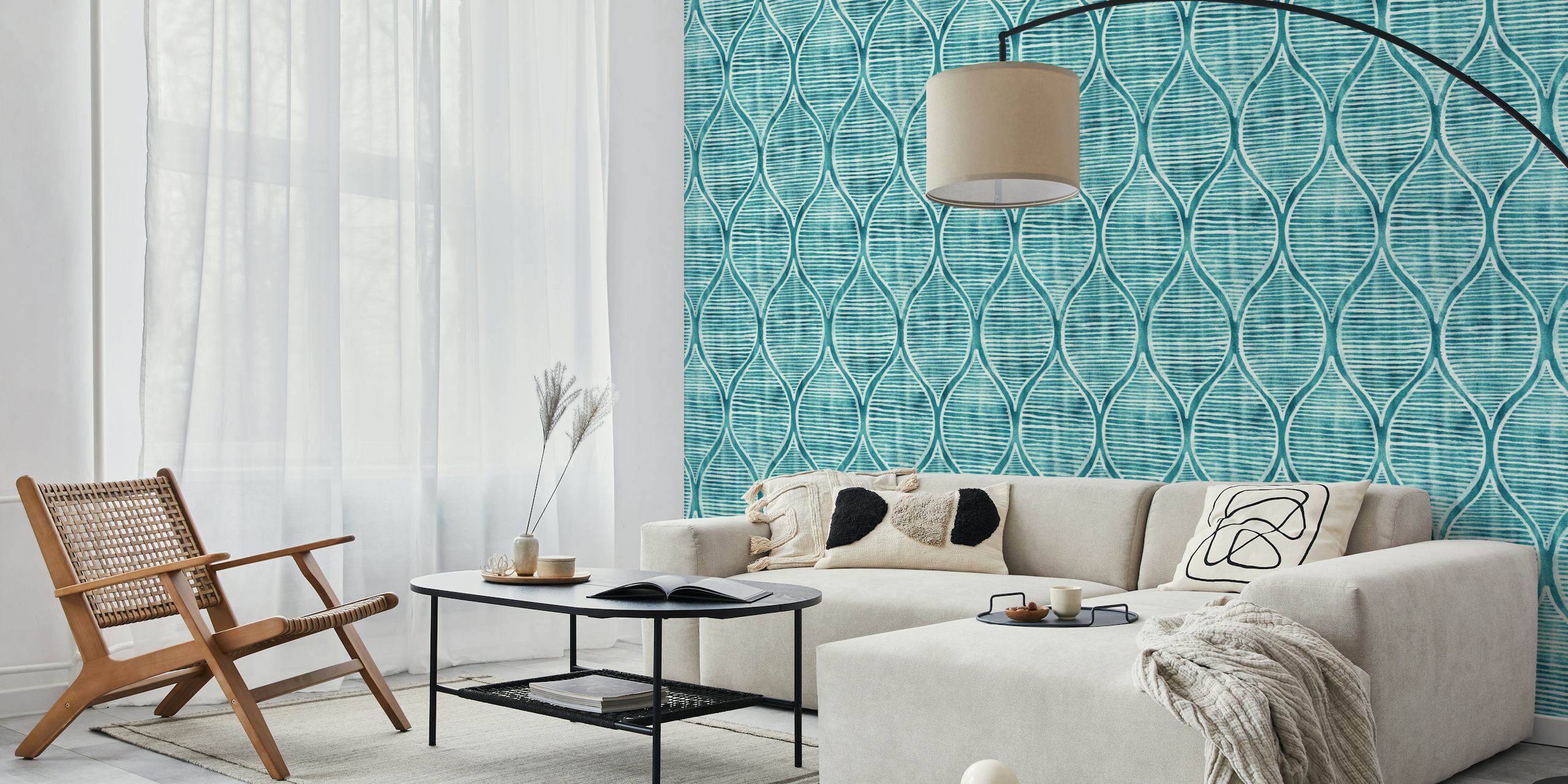 Teal blue and off-white ogee pattern wallpaper