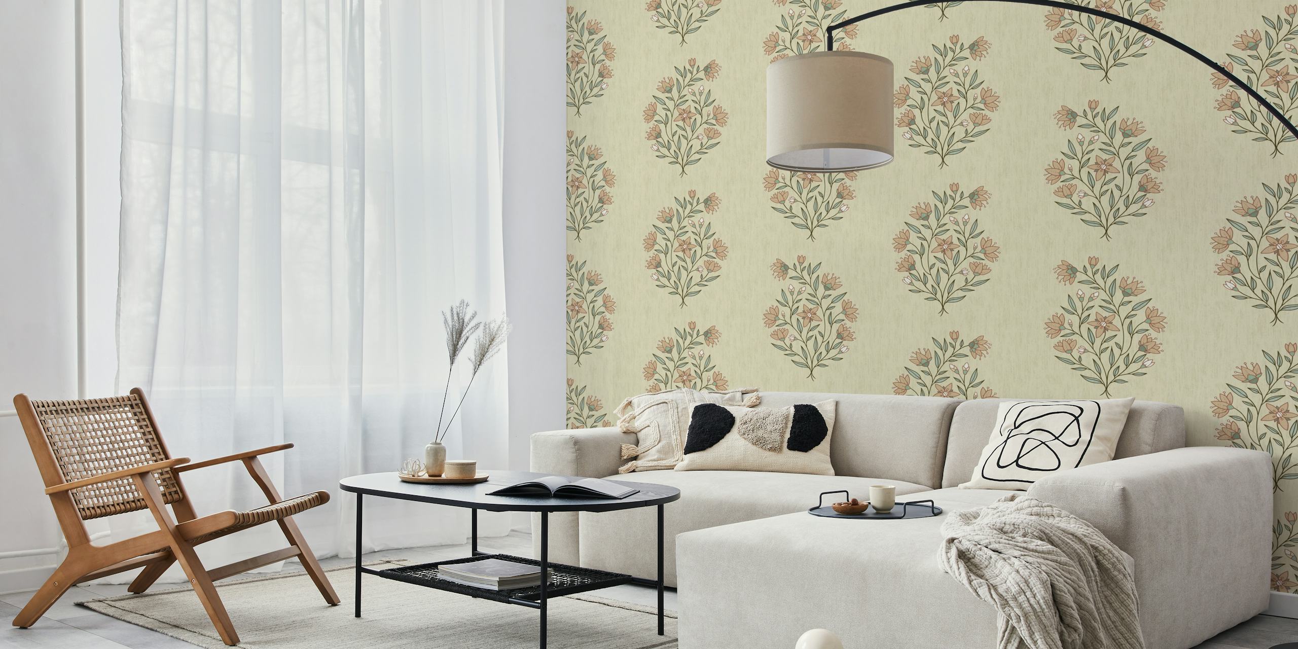 Delicate Mughal floral wallpaper with soft pastel colors