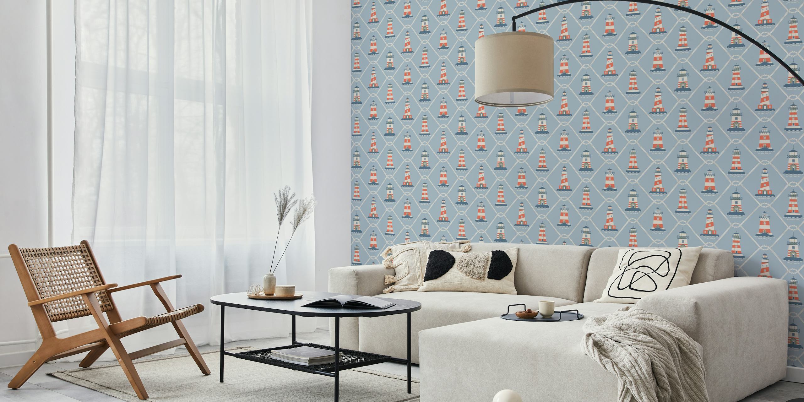 Coastal chic wall mural with gray and blue lighthouses pattern