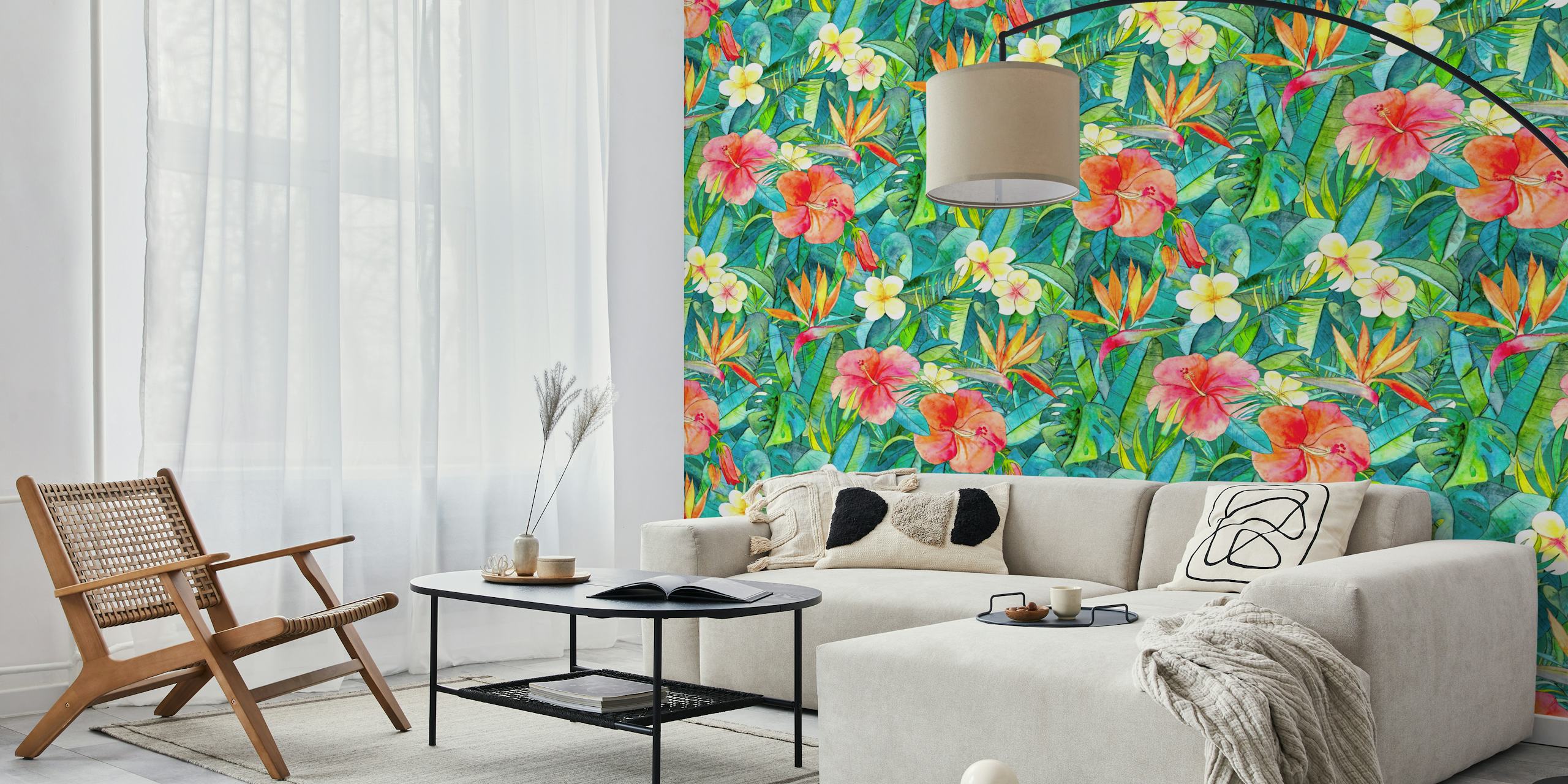 Tropical floral wallpaper featuring hibiscus and greenery in vibrant colors