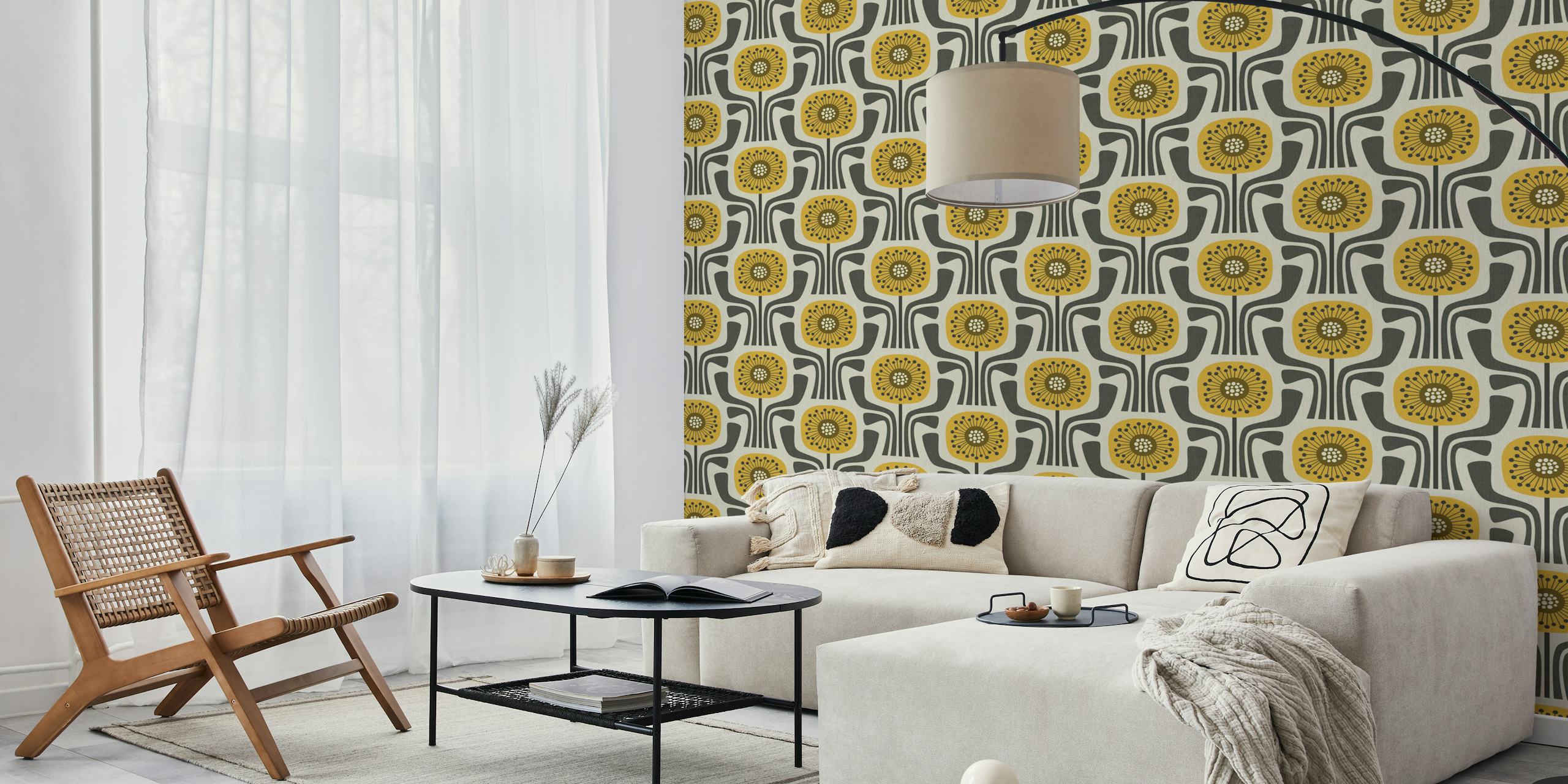 Retro geometric flowers v1 - mustard, brown in einem Raum