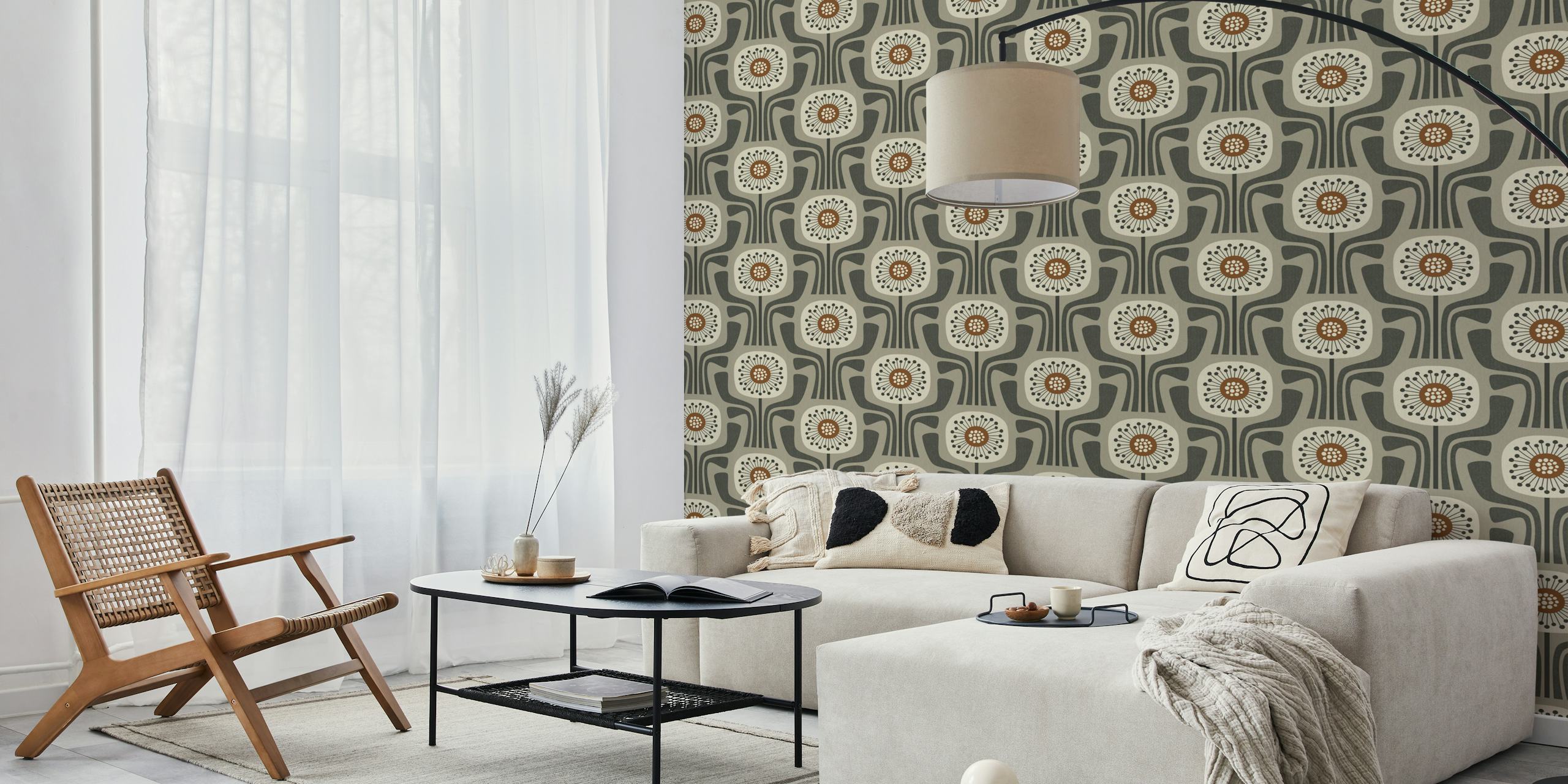 Retro geometric flower patterns in beige and brown wallpaper