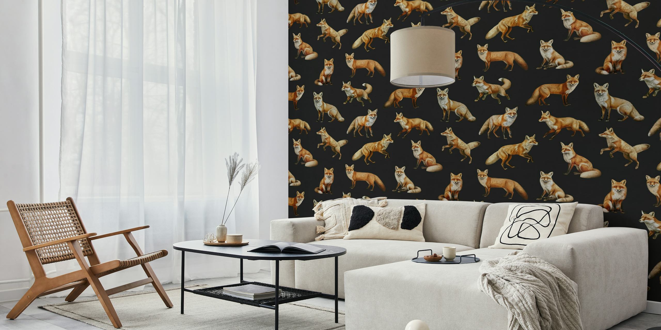 Various fox illustrations on a dark background wallpaper