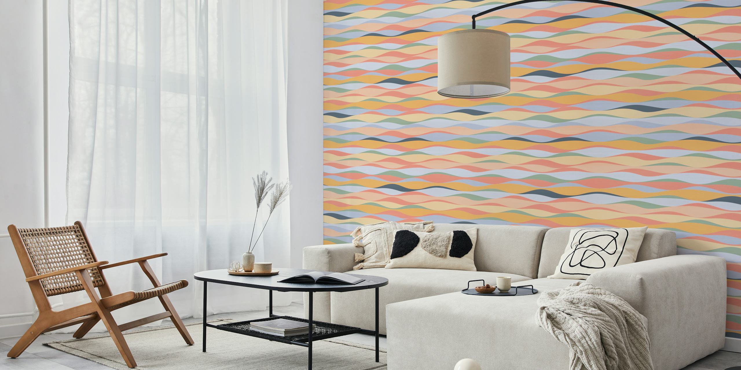 Pastel colored wavy lines wall mural creating a tranquil and serene ambiance.