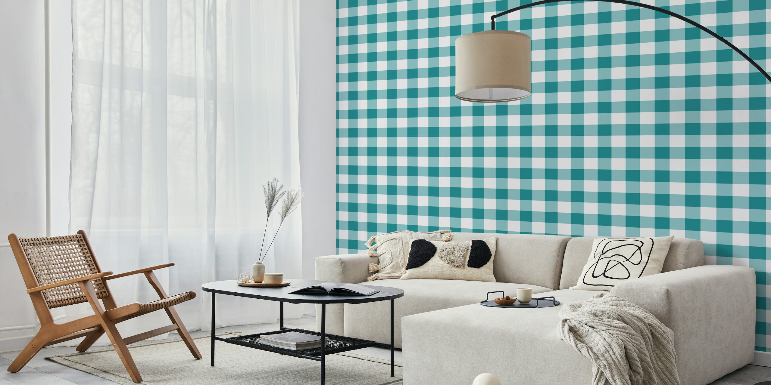Gingham teal wallpaper in a stylish room