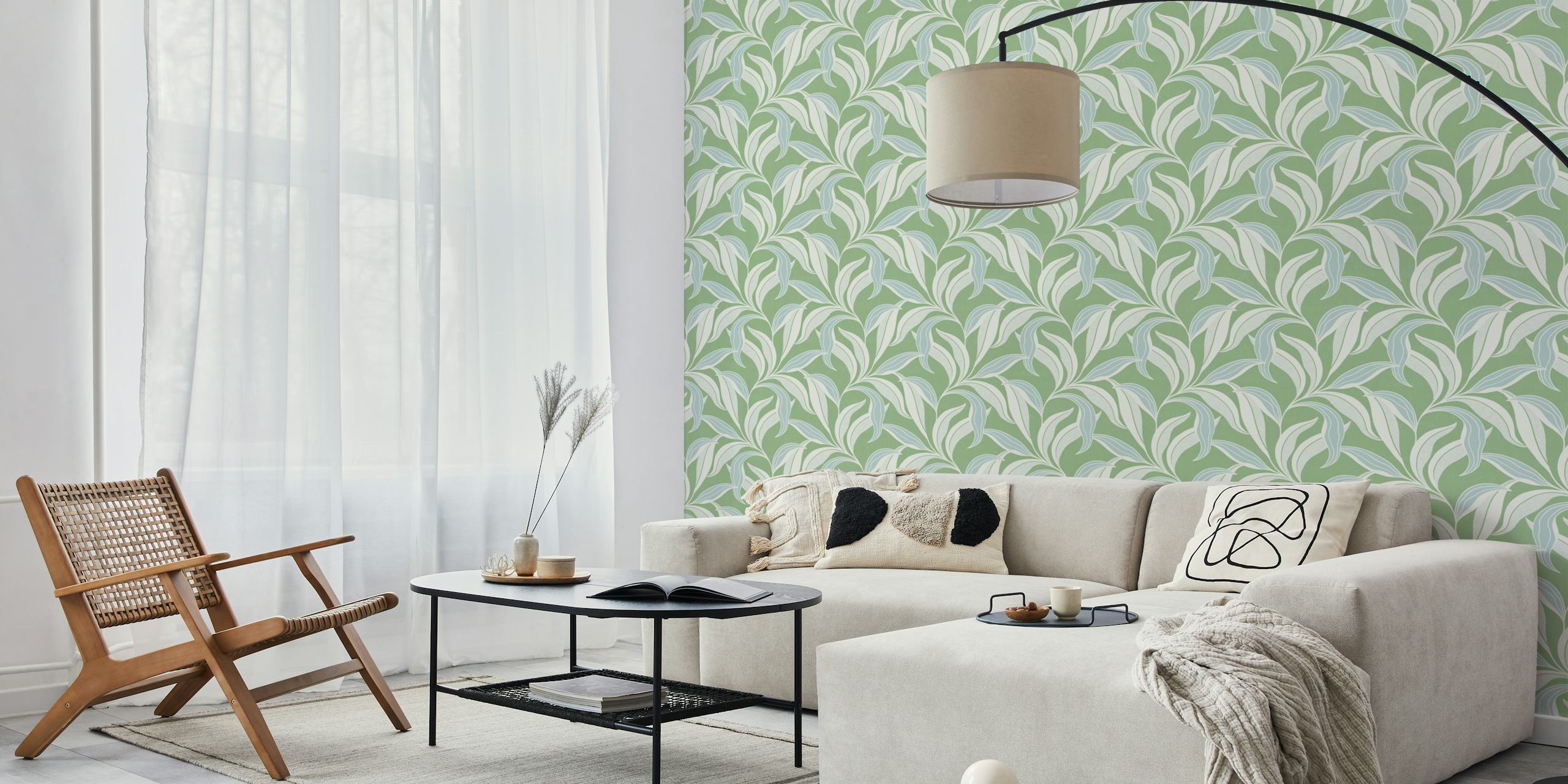 Light green sage foliage wallpaper in a room