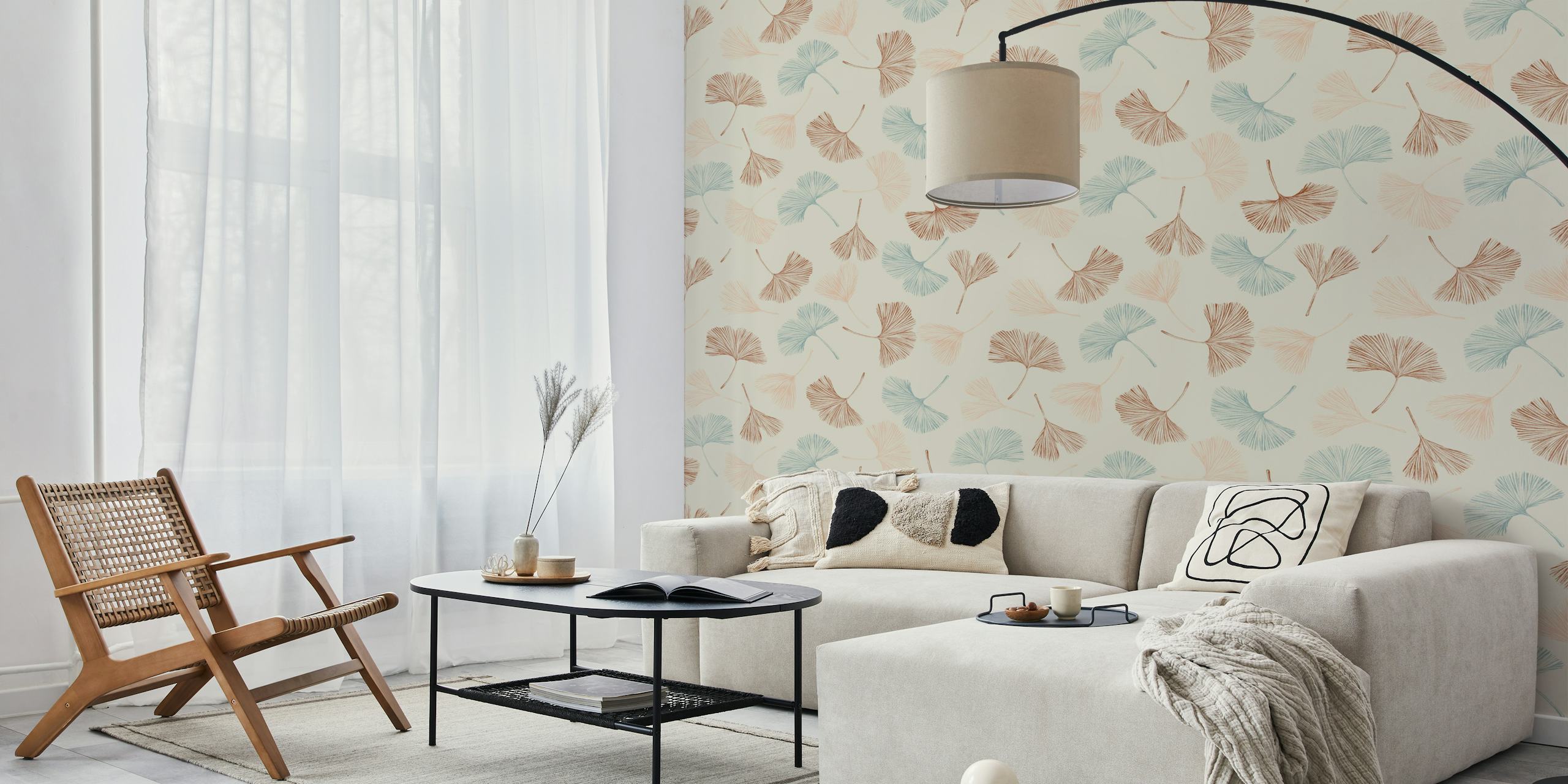 Ginkgo leaf pattern in soft pastels on cream wallpaper