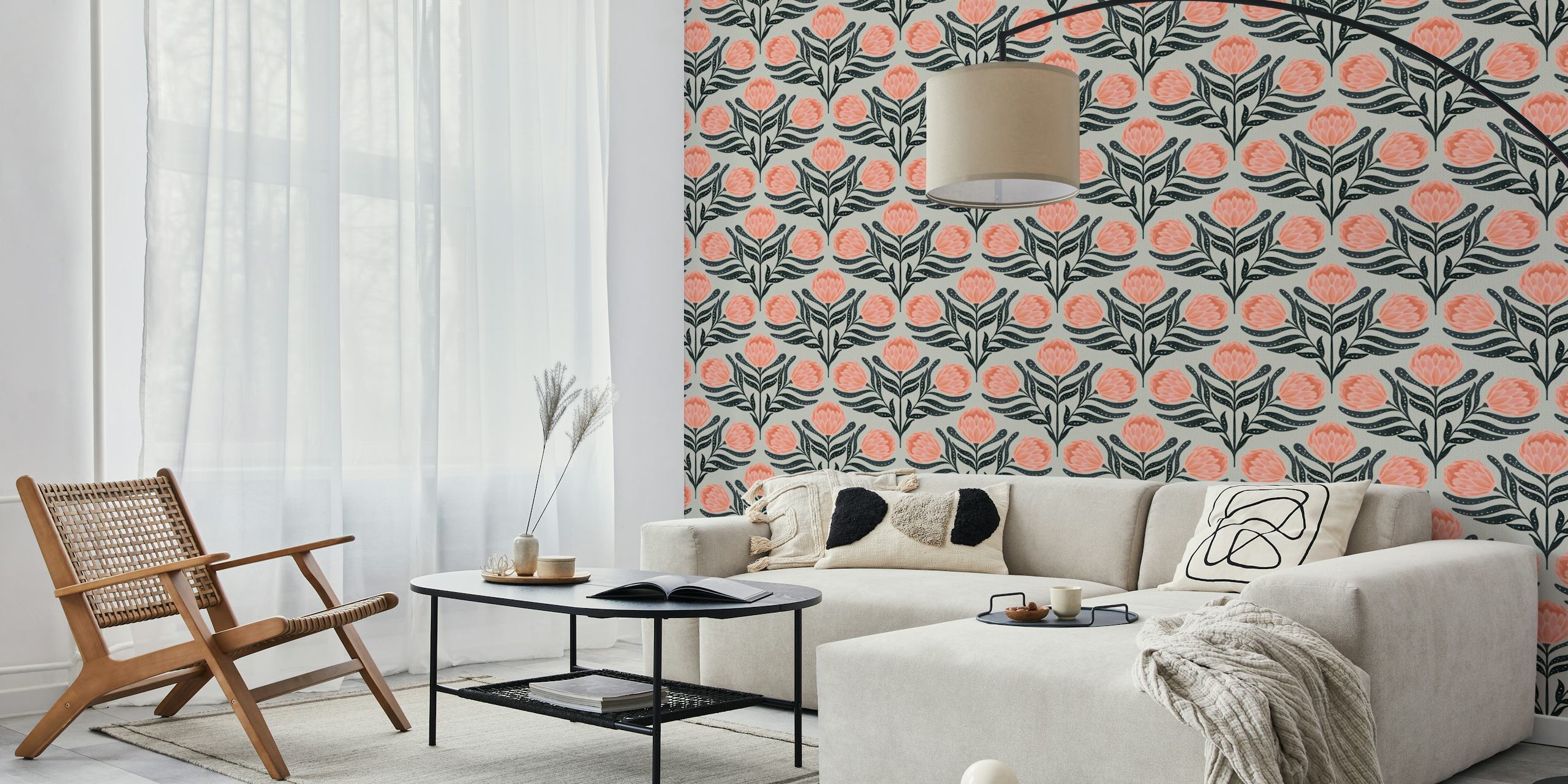 Papel tapiz Protea Sage aplicado en una habitación elegante