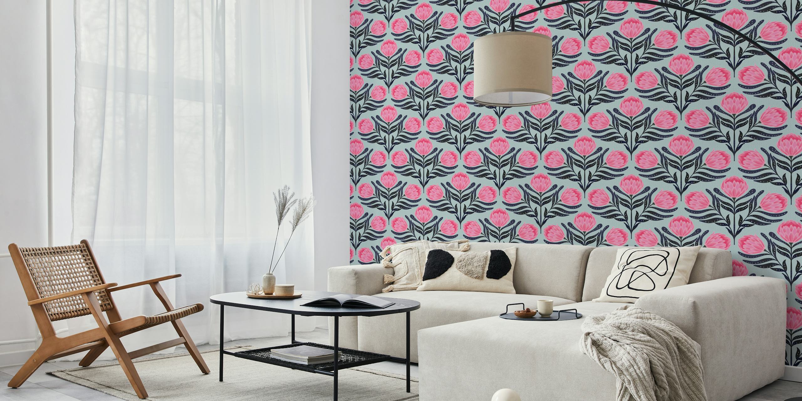 Protea pink floral wallpaper in a room