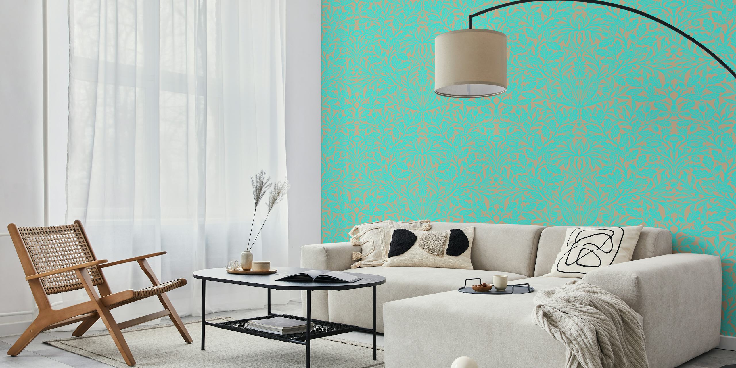 Victorian Acorn pattern wallpaper in turquoise and grey