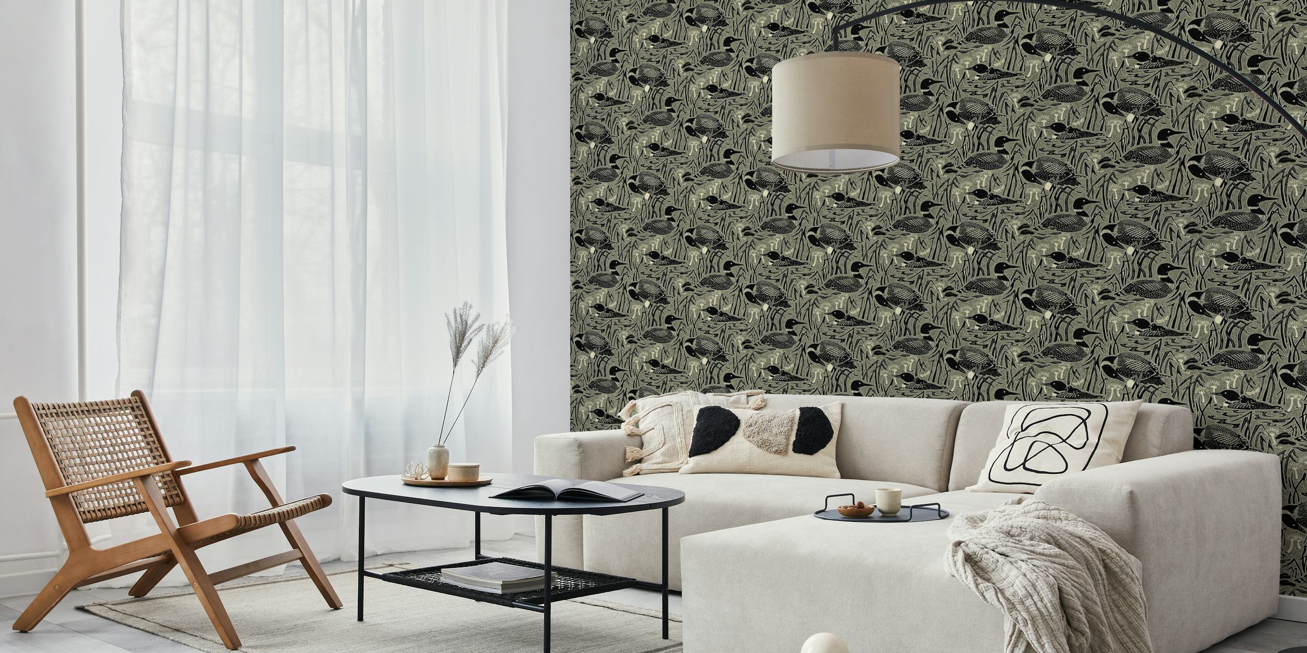 Loon birds in water surrounded by grass, black and white wallpaper