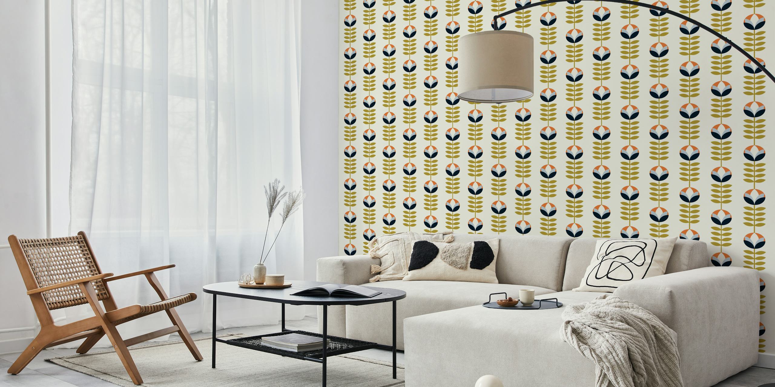 Retro floral design in orange, navy, green, and cream wallpaper