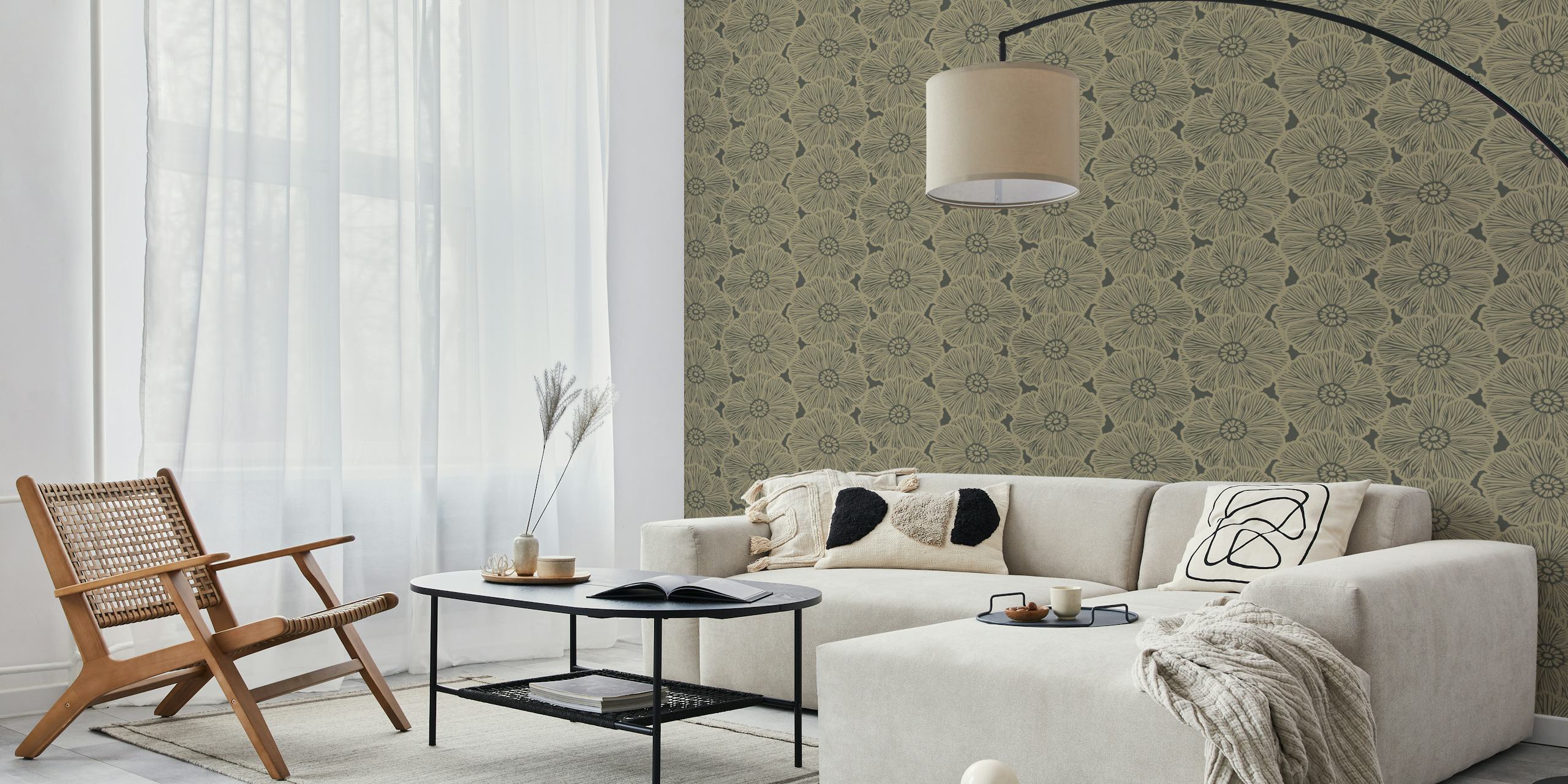 Zebra Flower Dark Sand behang in een kamer