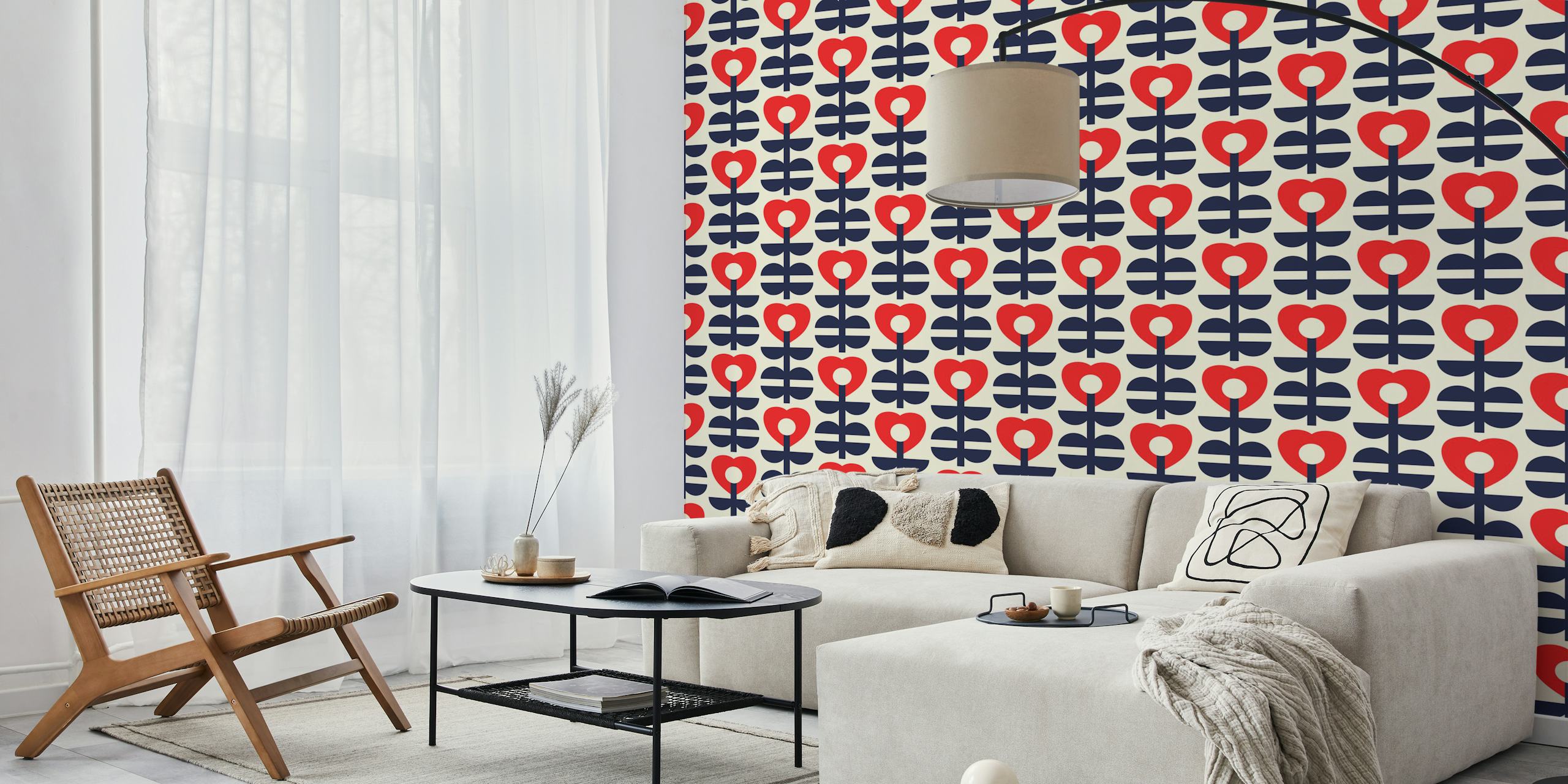 Modern love hearts flowers pattern wallpaper
