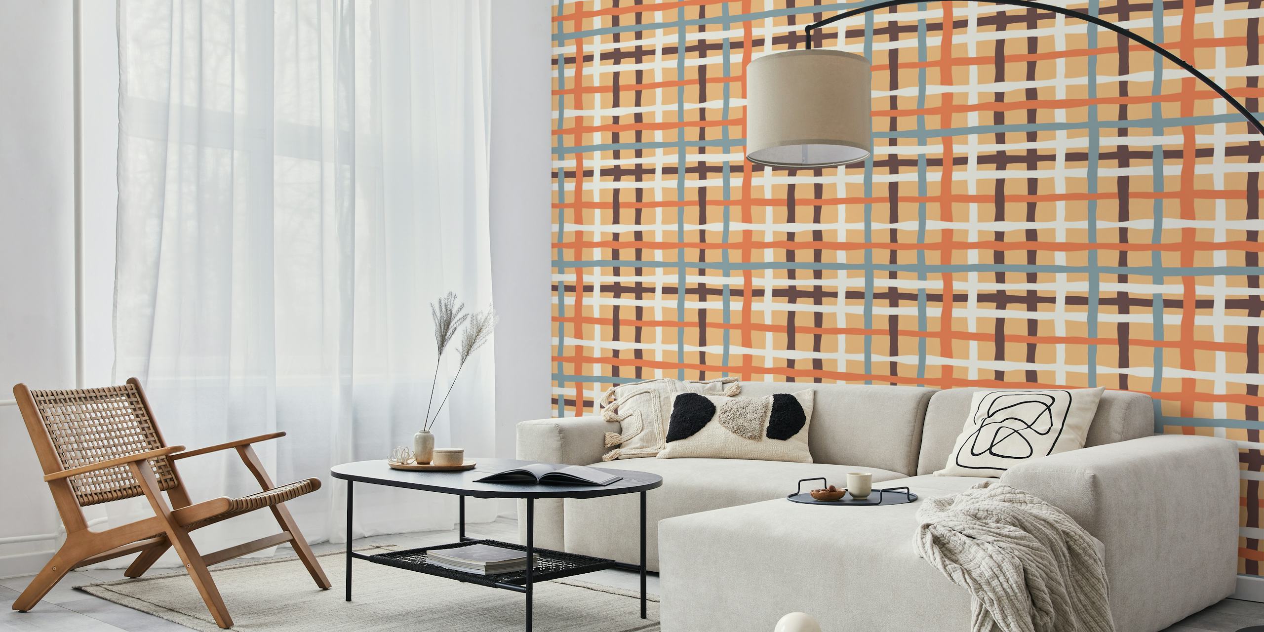 Wavy checkerboard pattern in soft orange, blue, and brown colors wallpaper
