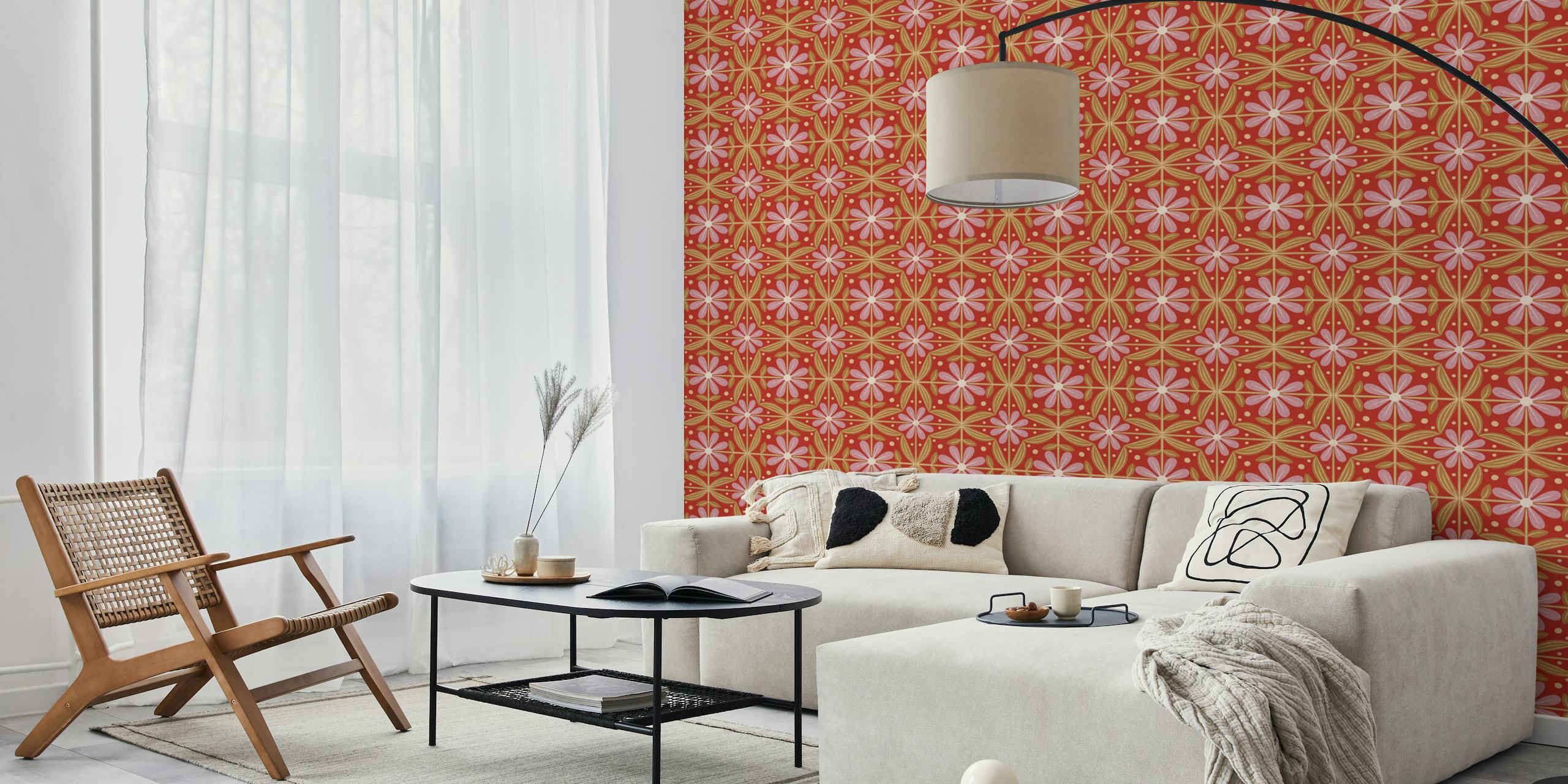 Papel tapiz Boho floral tiles en una habitación
