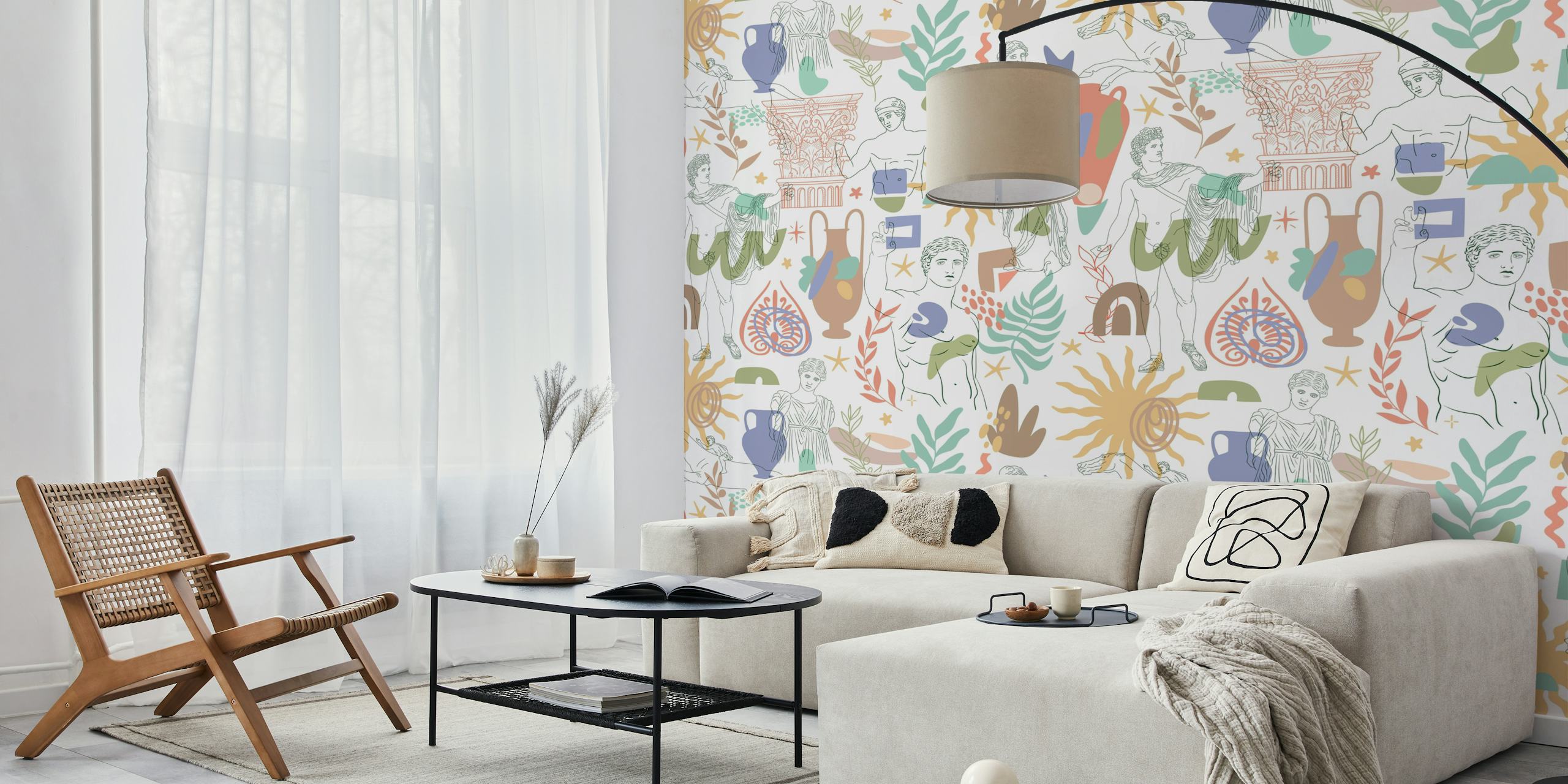 Greek motifs with colorful vases and figures in style wallpaper