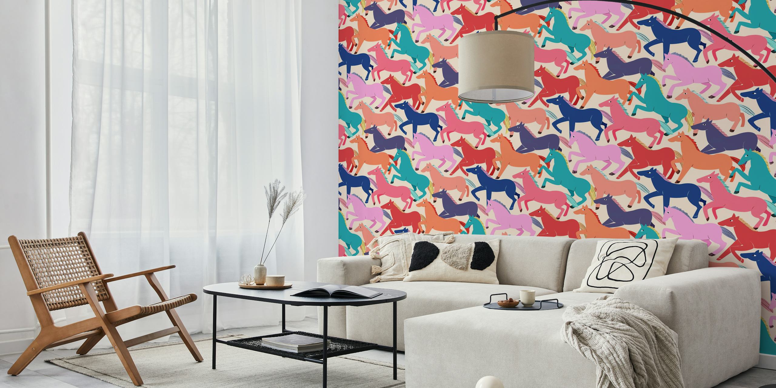 Papel de parede colorido com Wildly Colorful Horses em um quarto