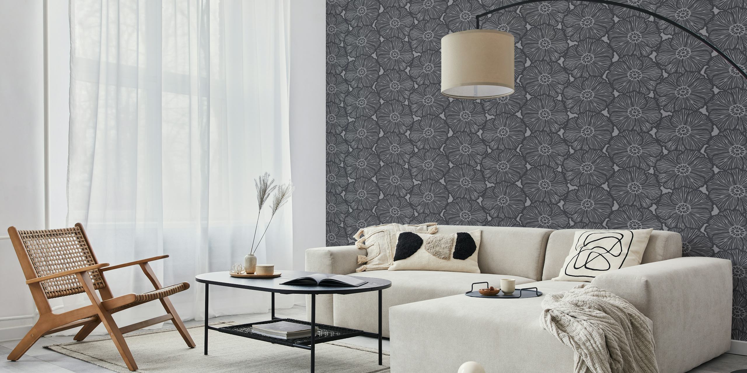 Black floral pattern wallpaper with large abstract flowers
