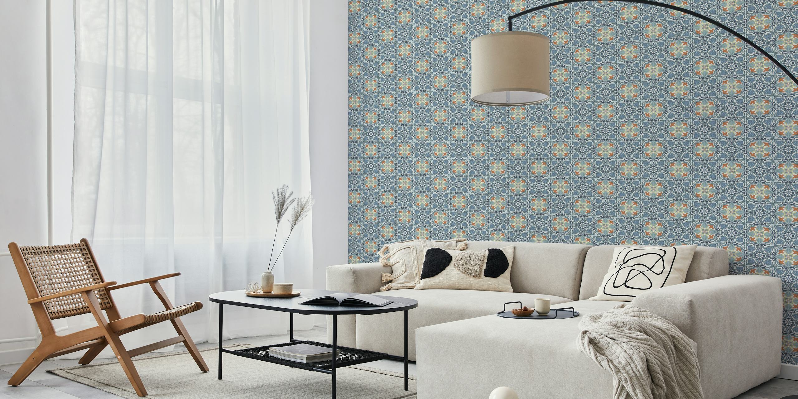 Motif floral en indigo et beige sur fond clair wallpaper