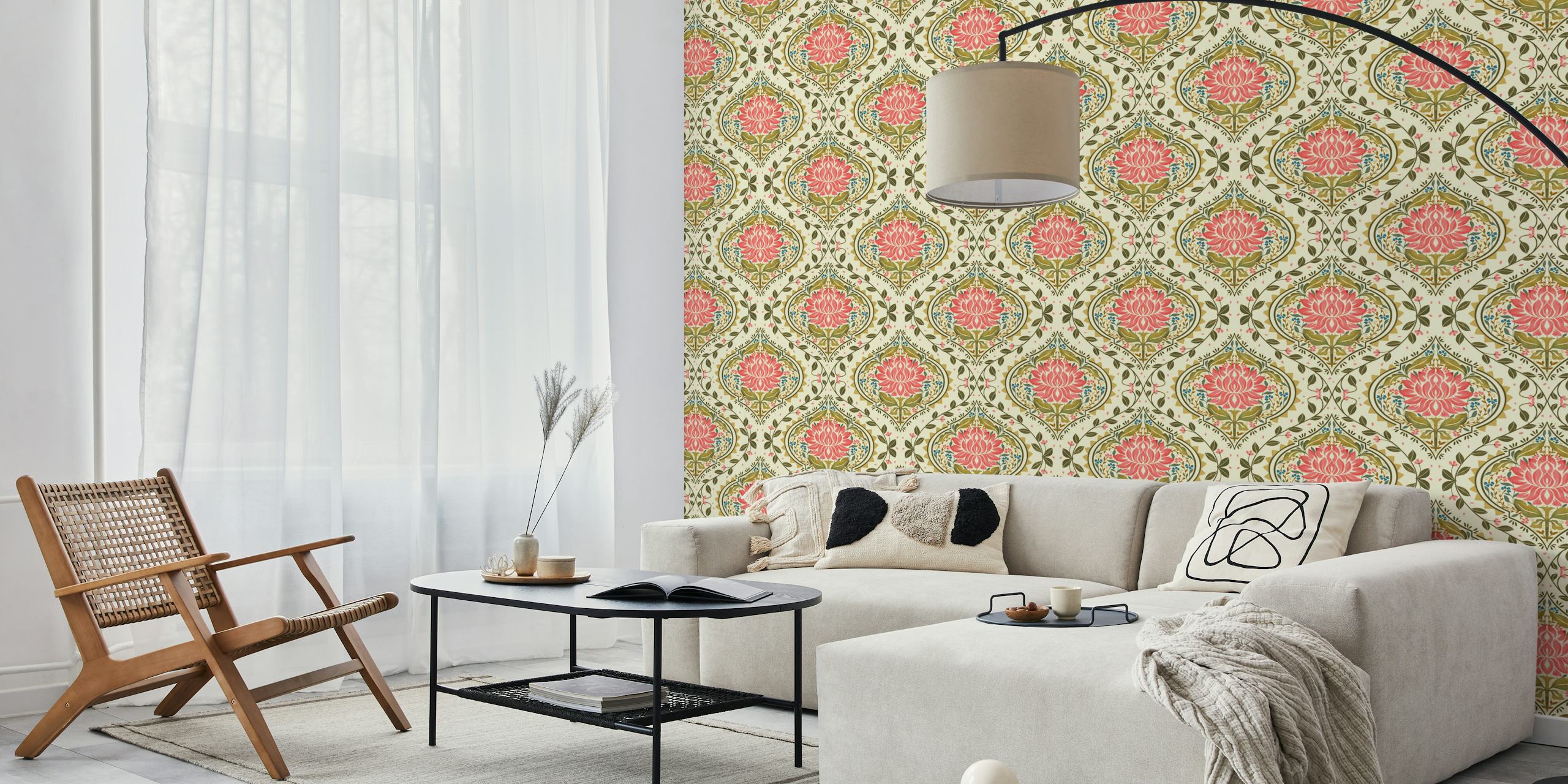 Floral design with pink lotus flowers and green leaves wallpaper