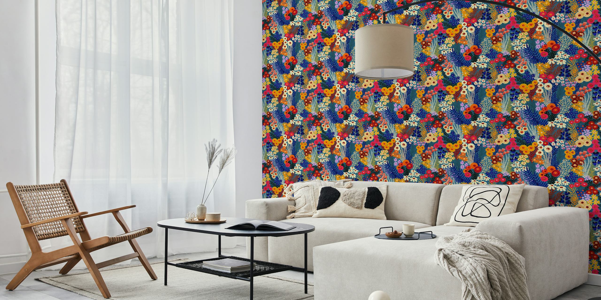 Colorful floral patterns in vibrant hues of red, pink, yellow, and blue wallpaper