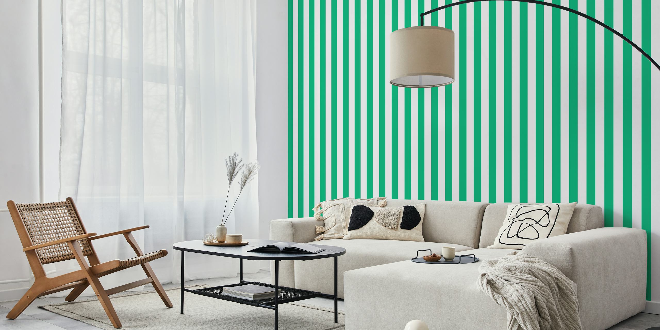 Green and white striped wallpaper