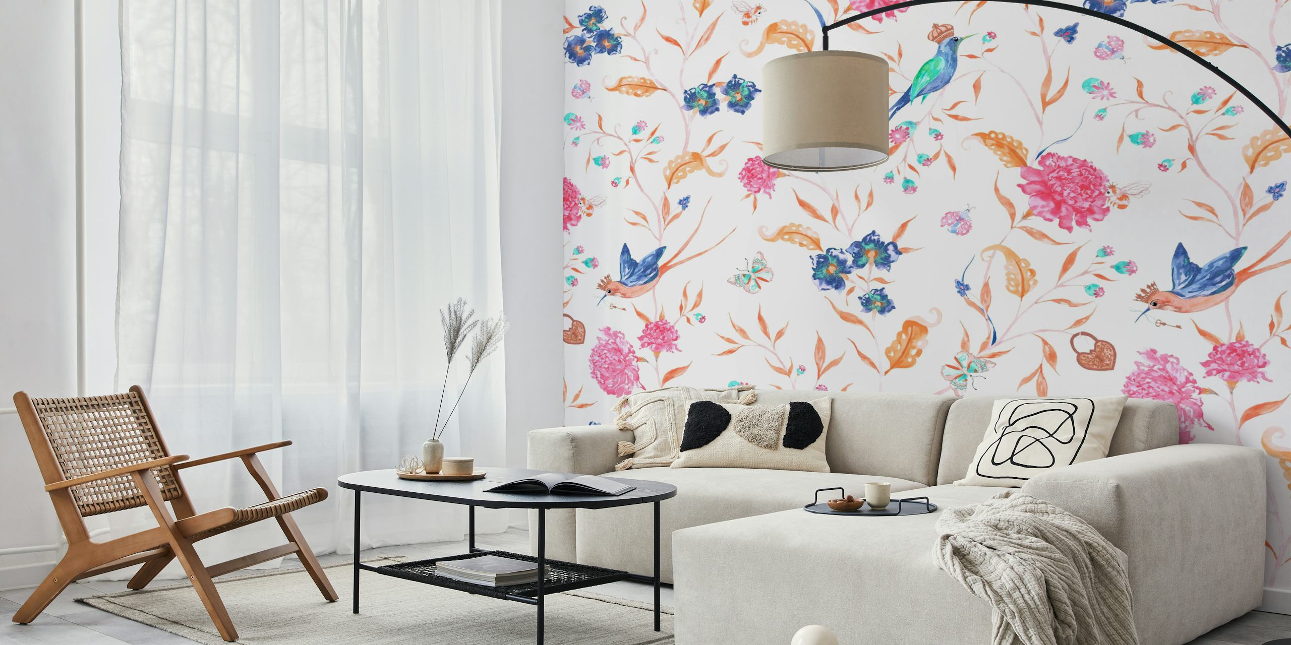 Colorful floral pattern with pink and blue flowers and birds wallpaper