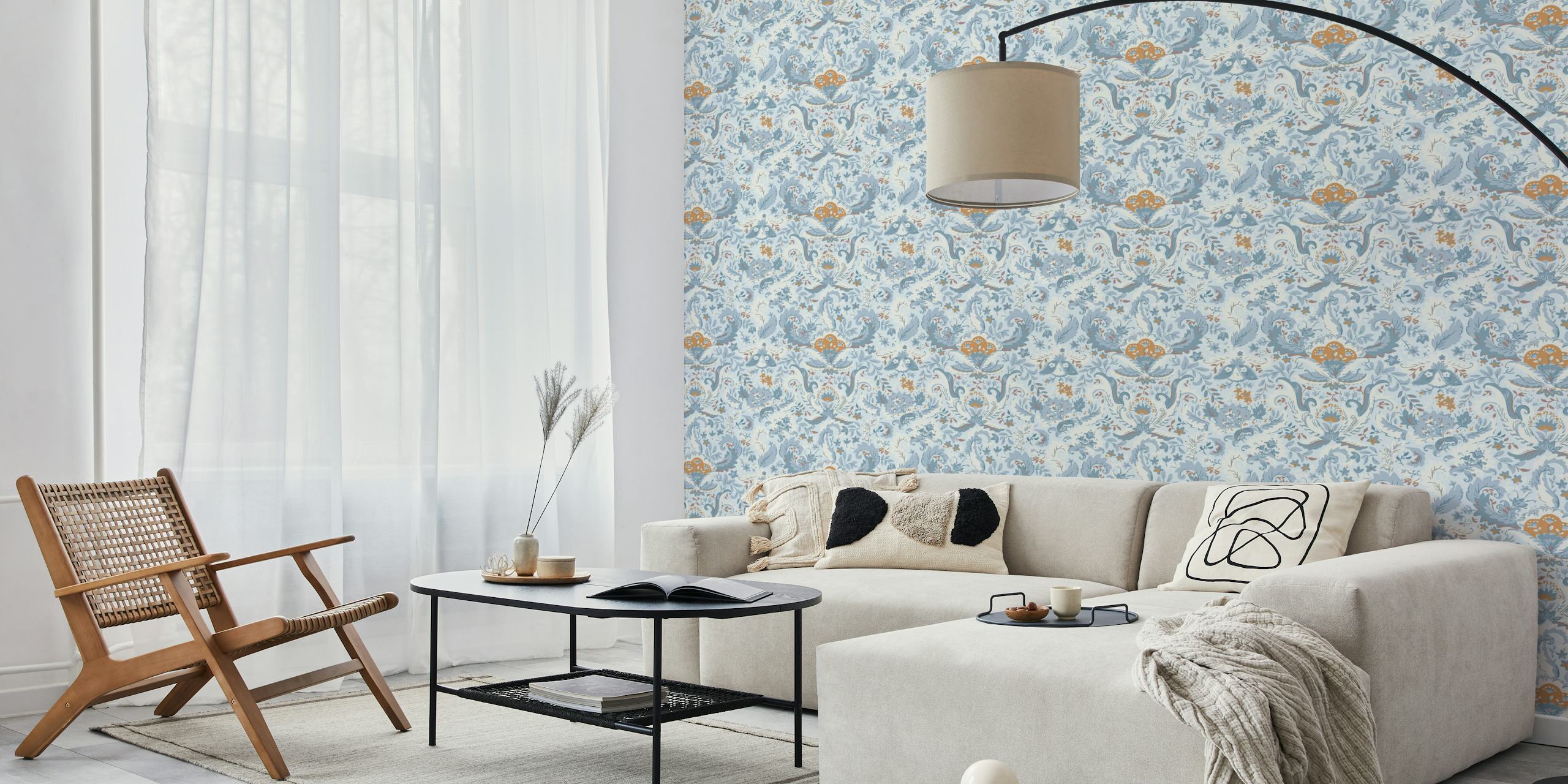 Floral patterns in soft blue and yellow on a light background wallpaper