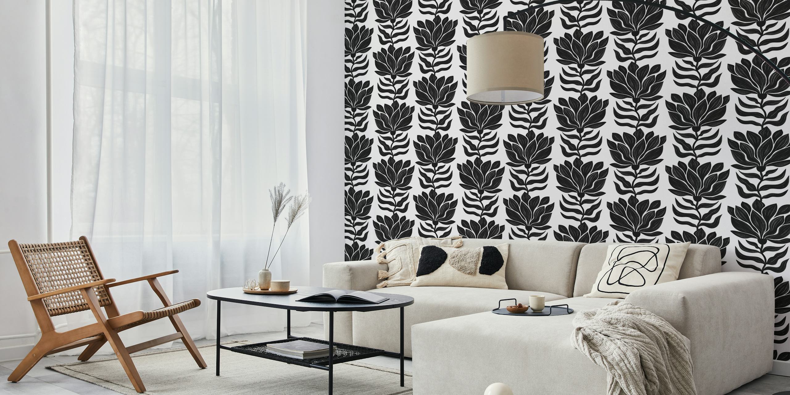 Wavy Floral svart och vit tapetdesign