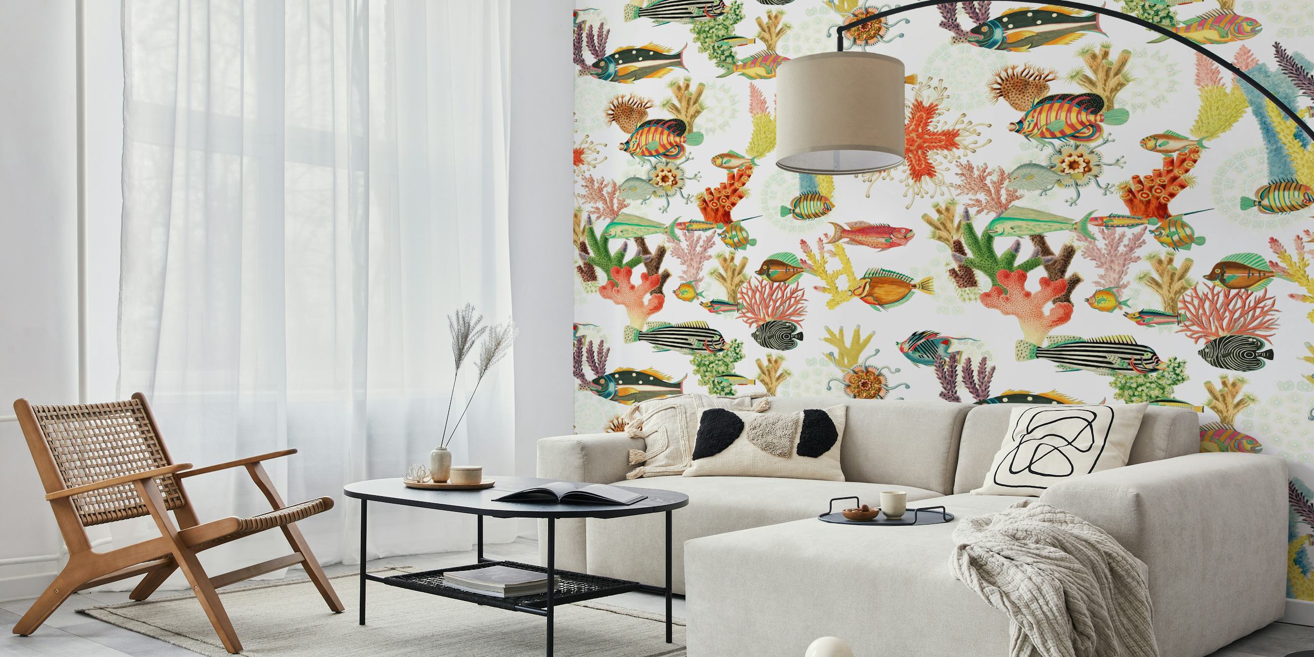 Colorful fish and coral reef patterns, bright colors, marine-themed wallpaper