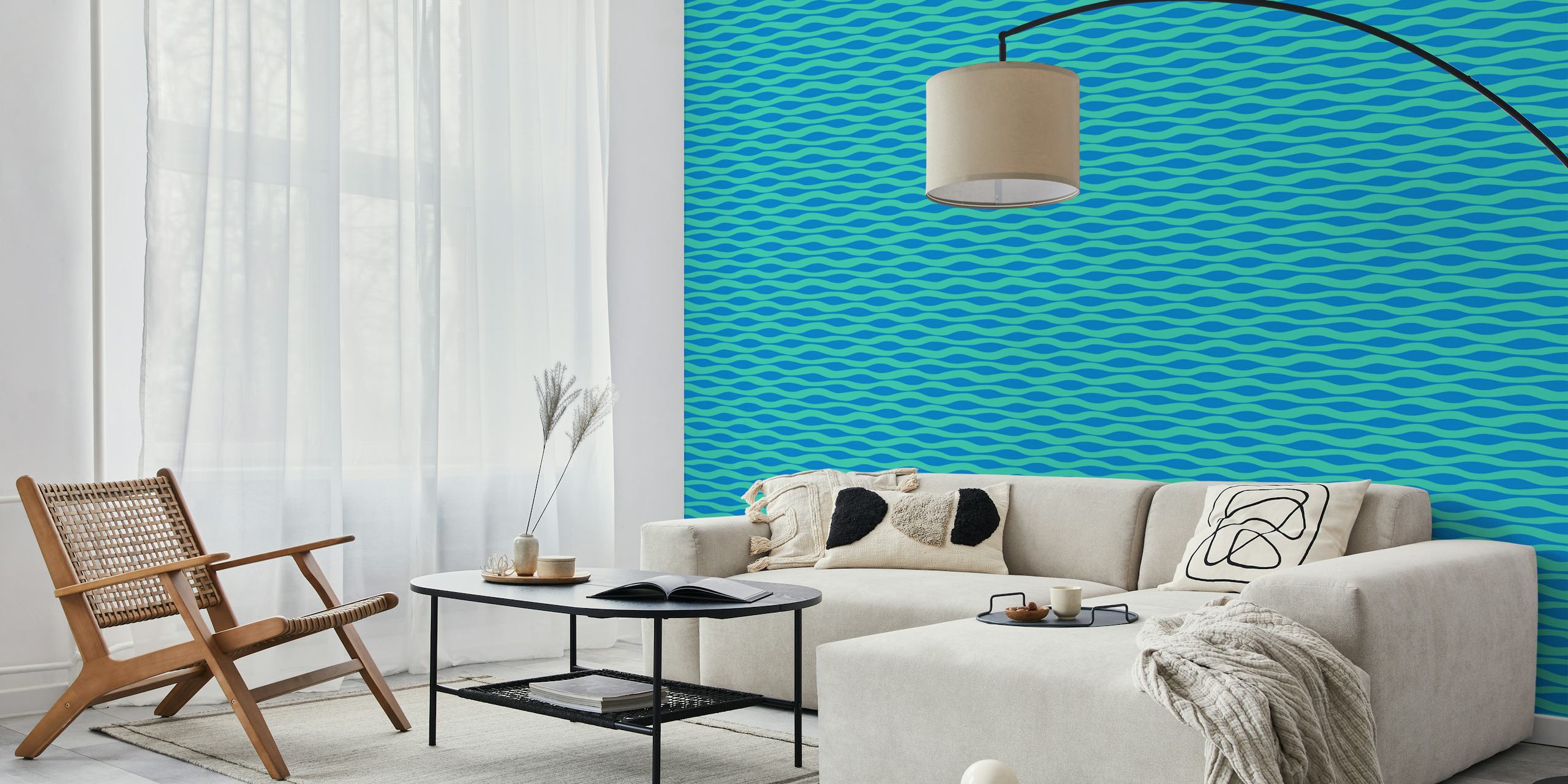 Turquoise and blue ripples wallpaper in a room