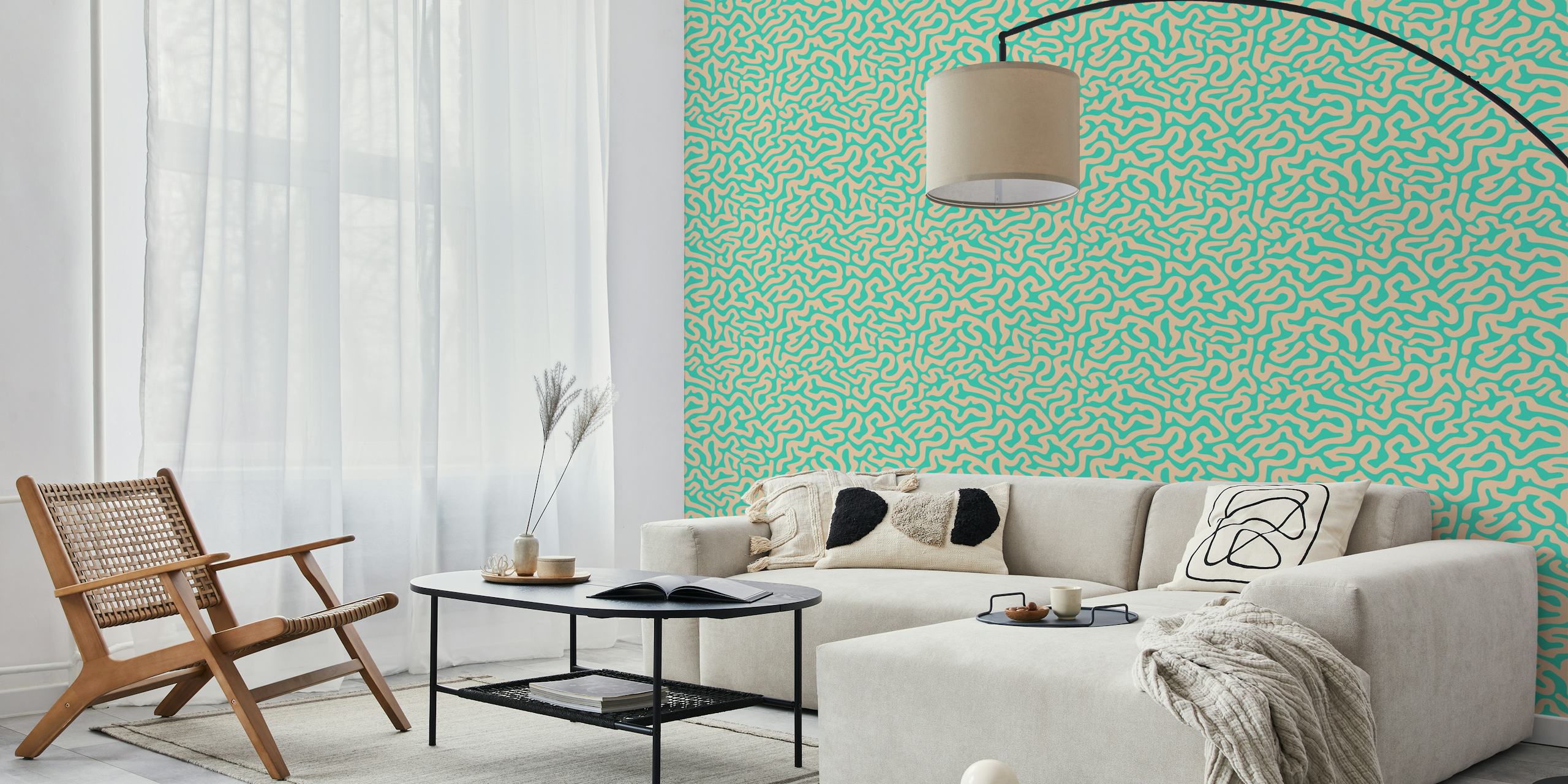 Abstract coral reef pattern in turquoise and beige wallpaper