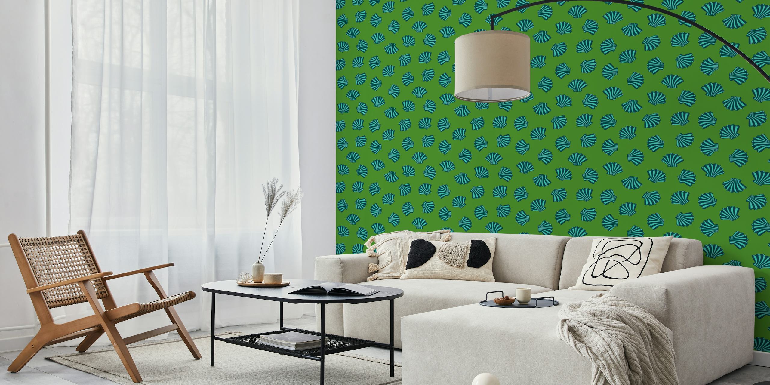 Marine green scallop shell Tapete in einem Zimmer