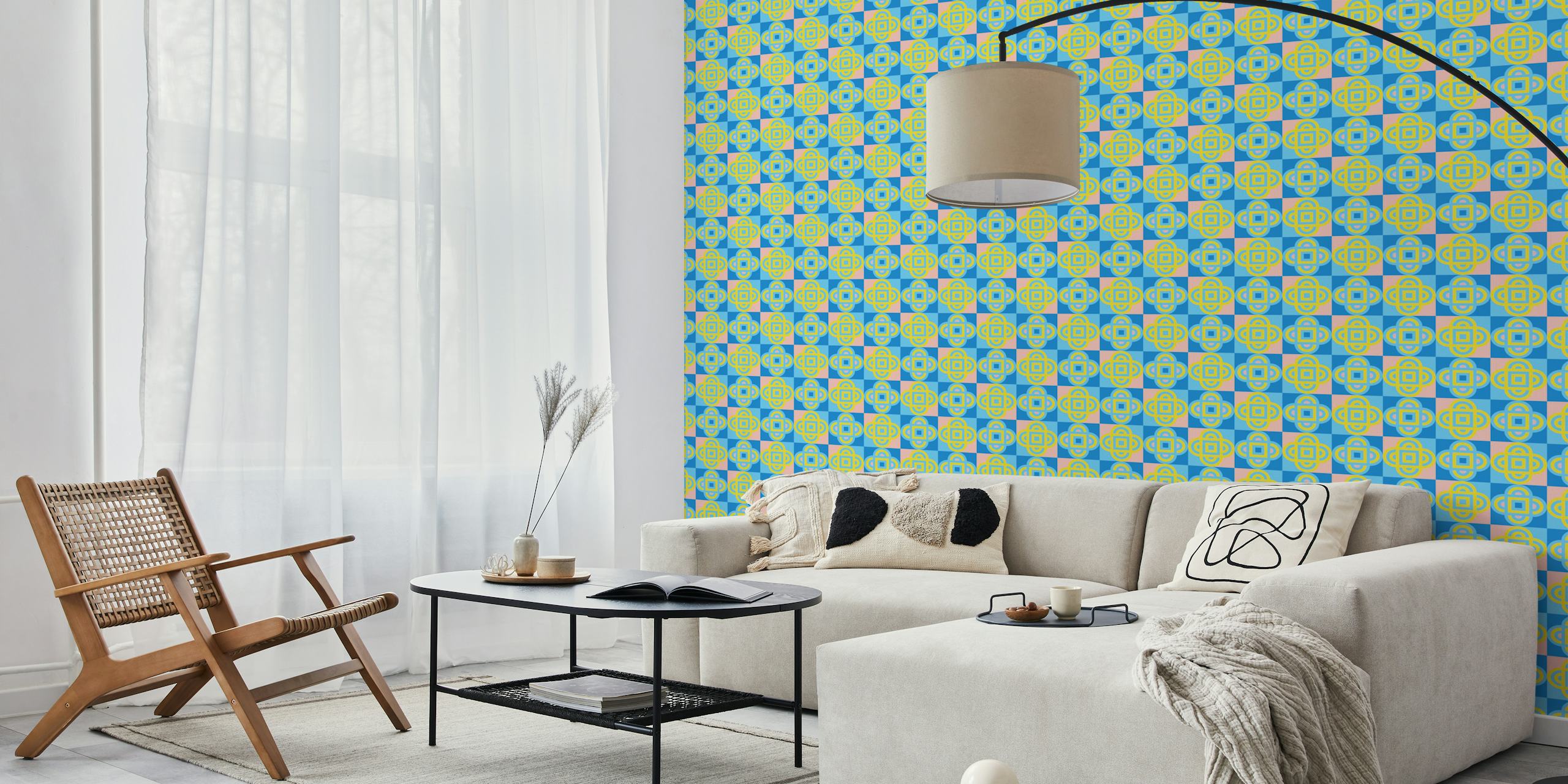 Colorful quatrefoil geometric pattern in pink, blue, and yellow wallpaper