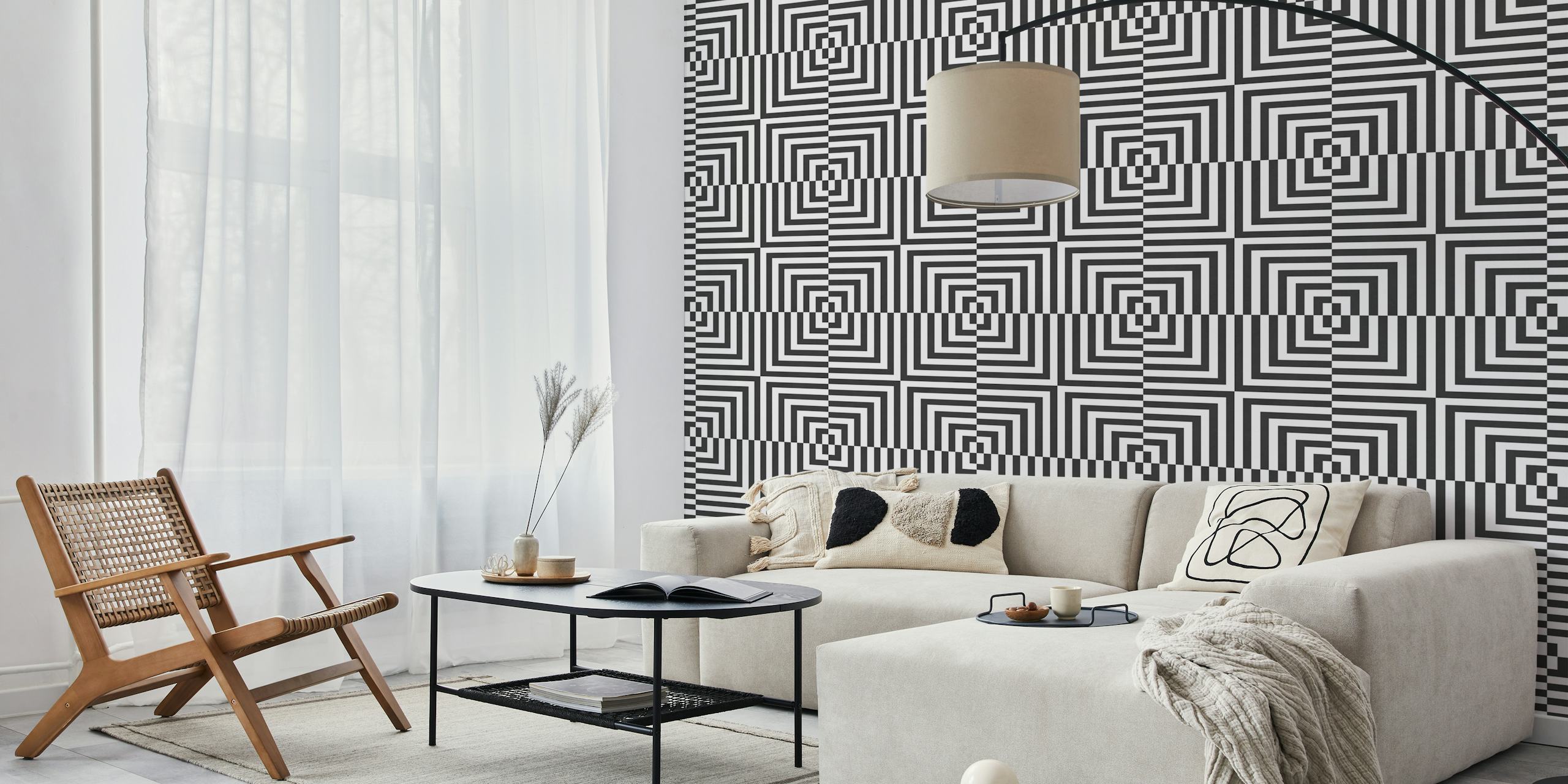 Black and white geometric striped wallpaper featuring concentric squares.