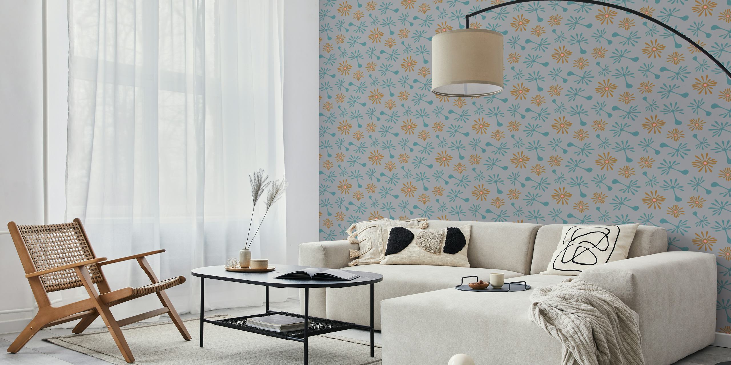 Blowing Dandelions Retro Mod Floral wallpaper em um quarto