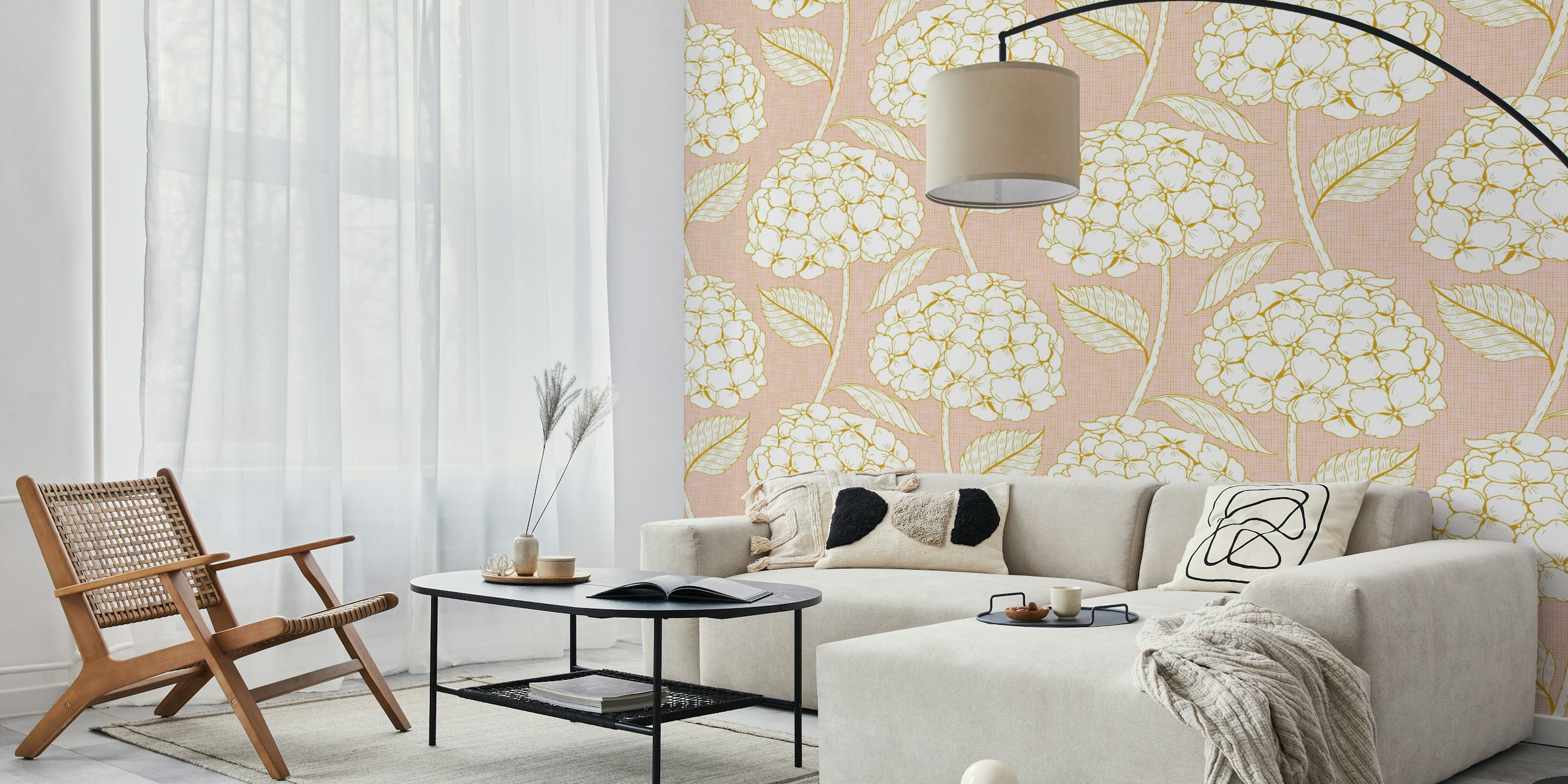Floral hydrangea pattern in pastel pink and gold wallpaper