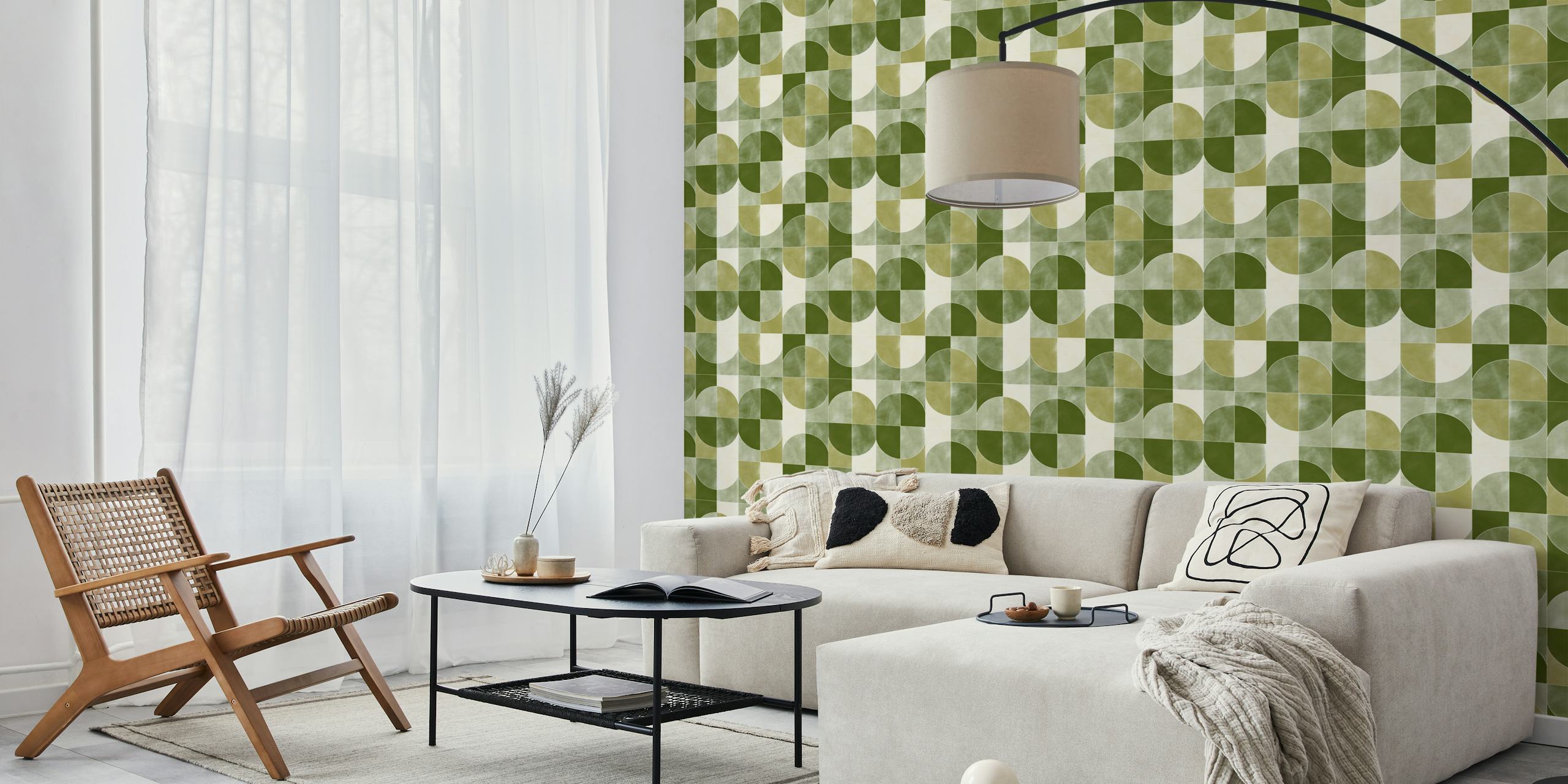 Geometric green and cream tile pattern wallpaper