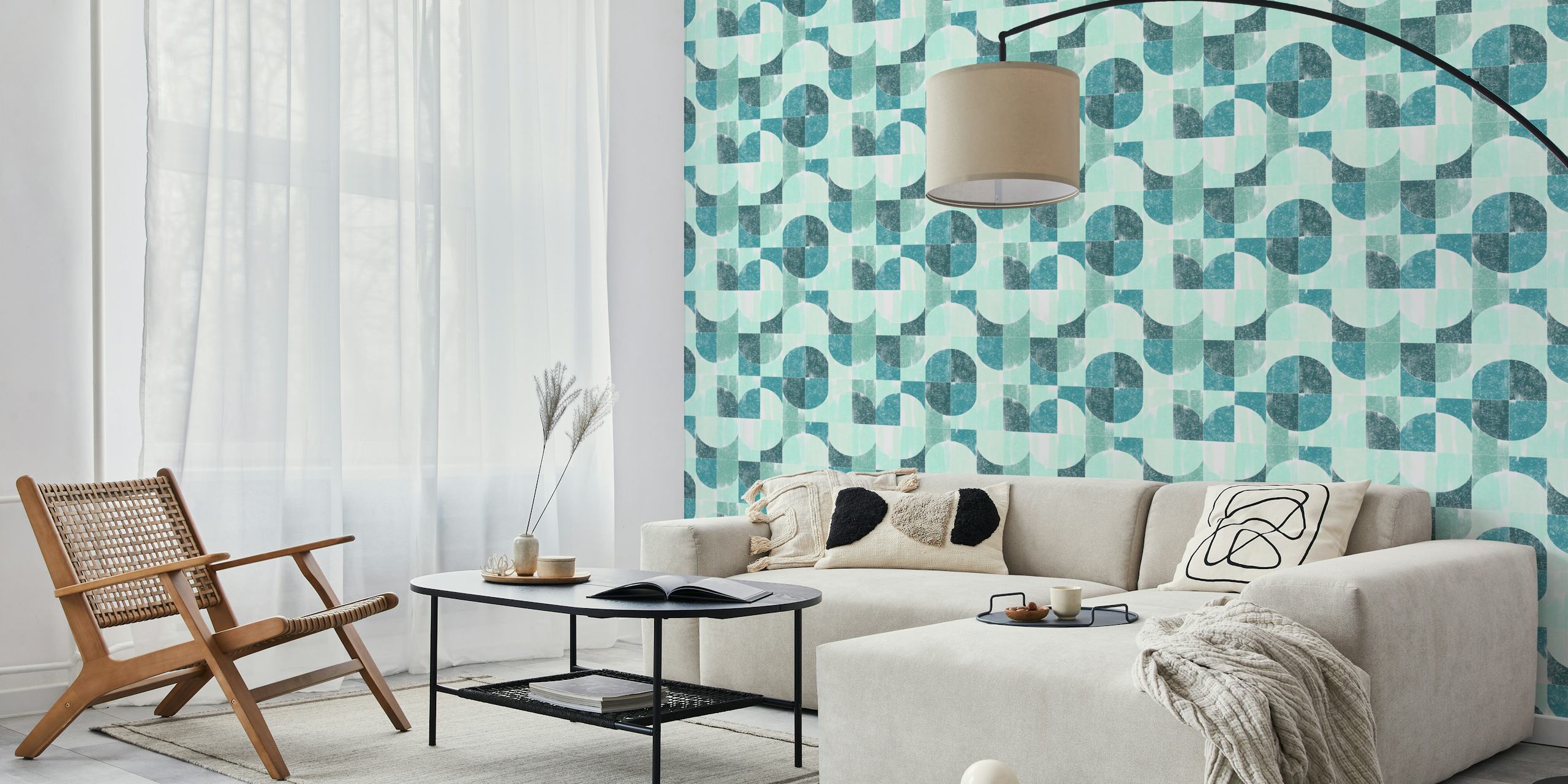 Geometric blue and teal patterns in a sponge painting style wallpaper