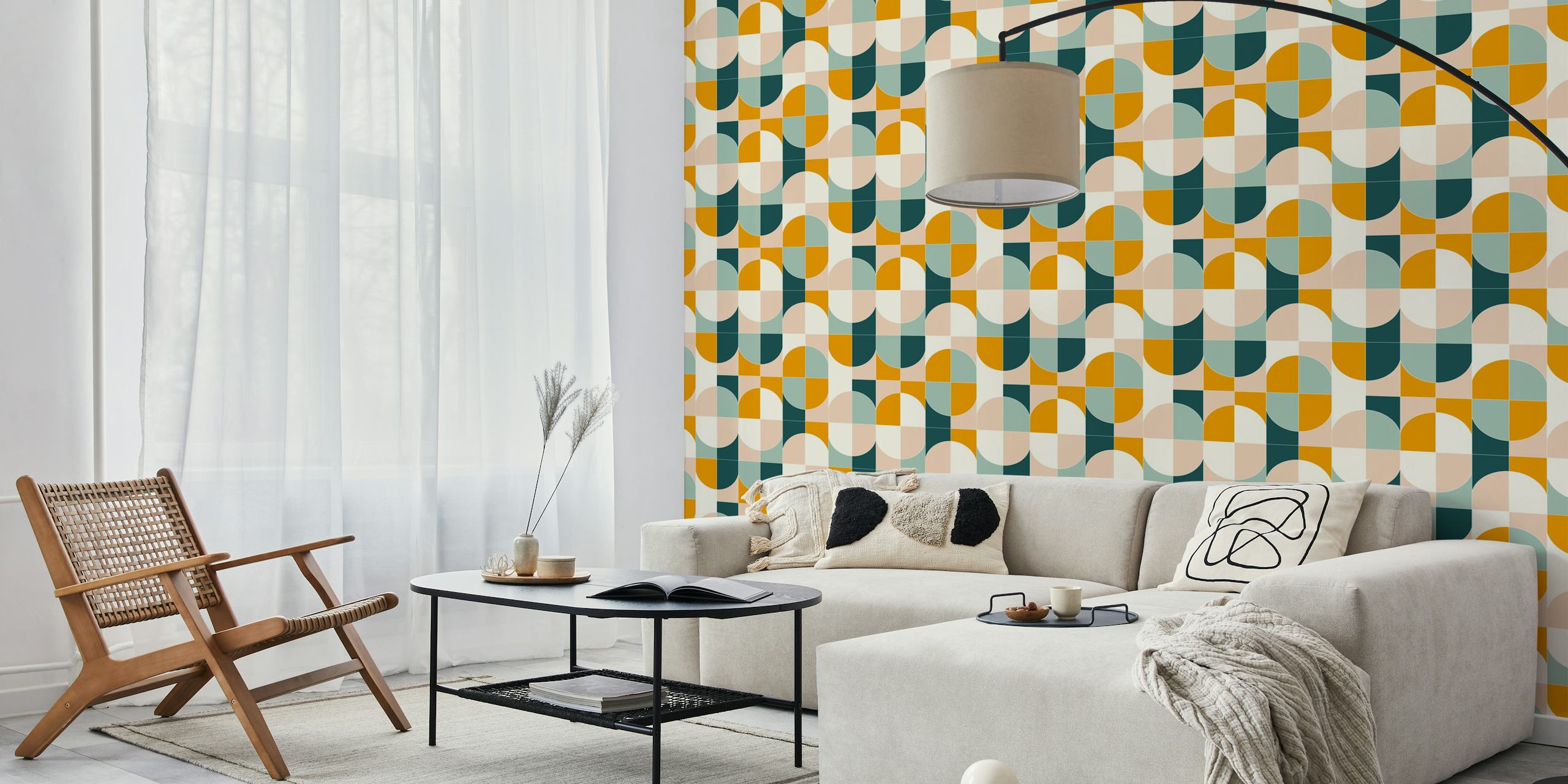 Design de papel de parede Bold Geo Tiles em um quarto