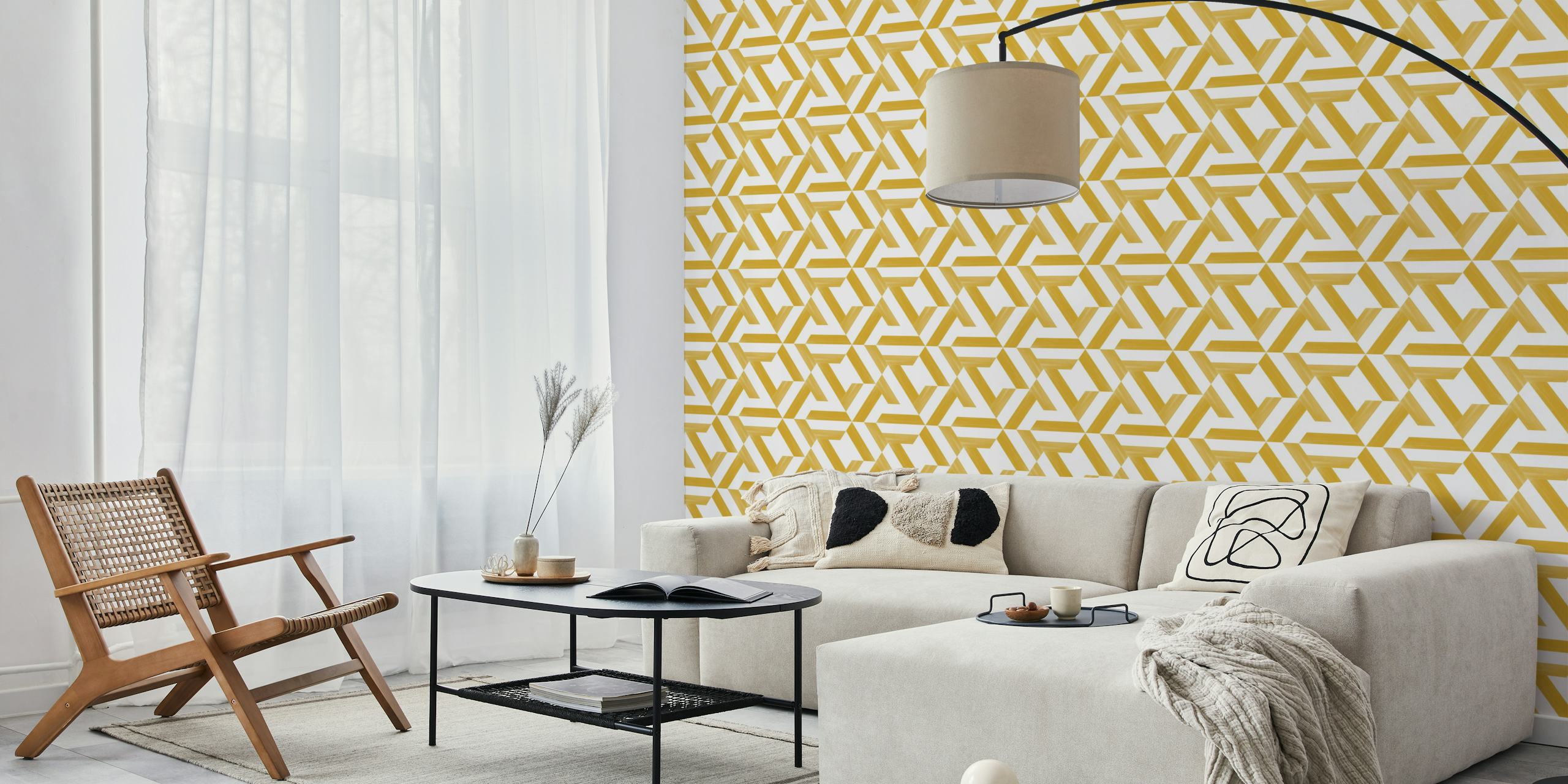 Geometric yellow tile pattern wallpaper with white shapes