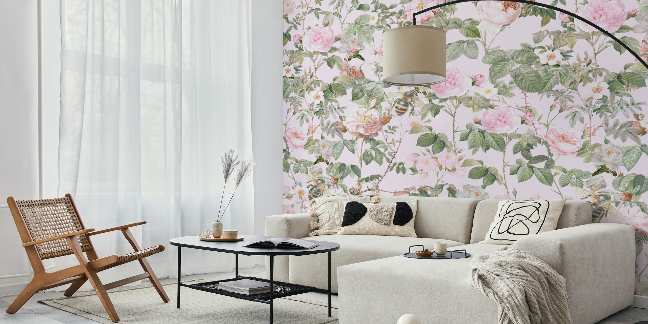 Delicate floral wallpaper in a beautifully designed room