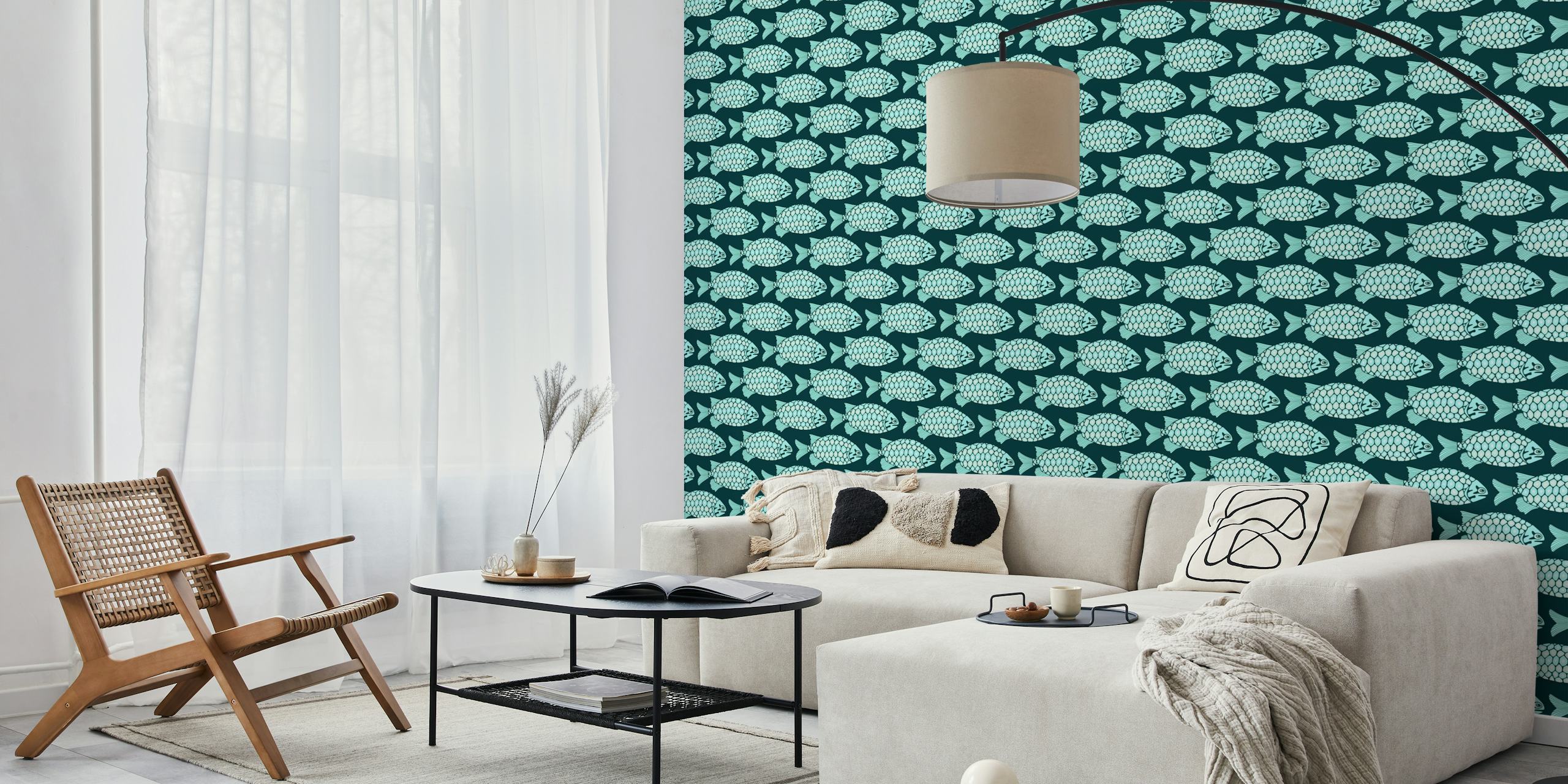 Tropical fish pattern in aqua and teal colors wallpaper