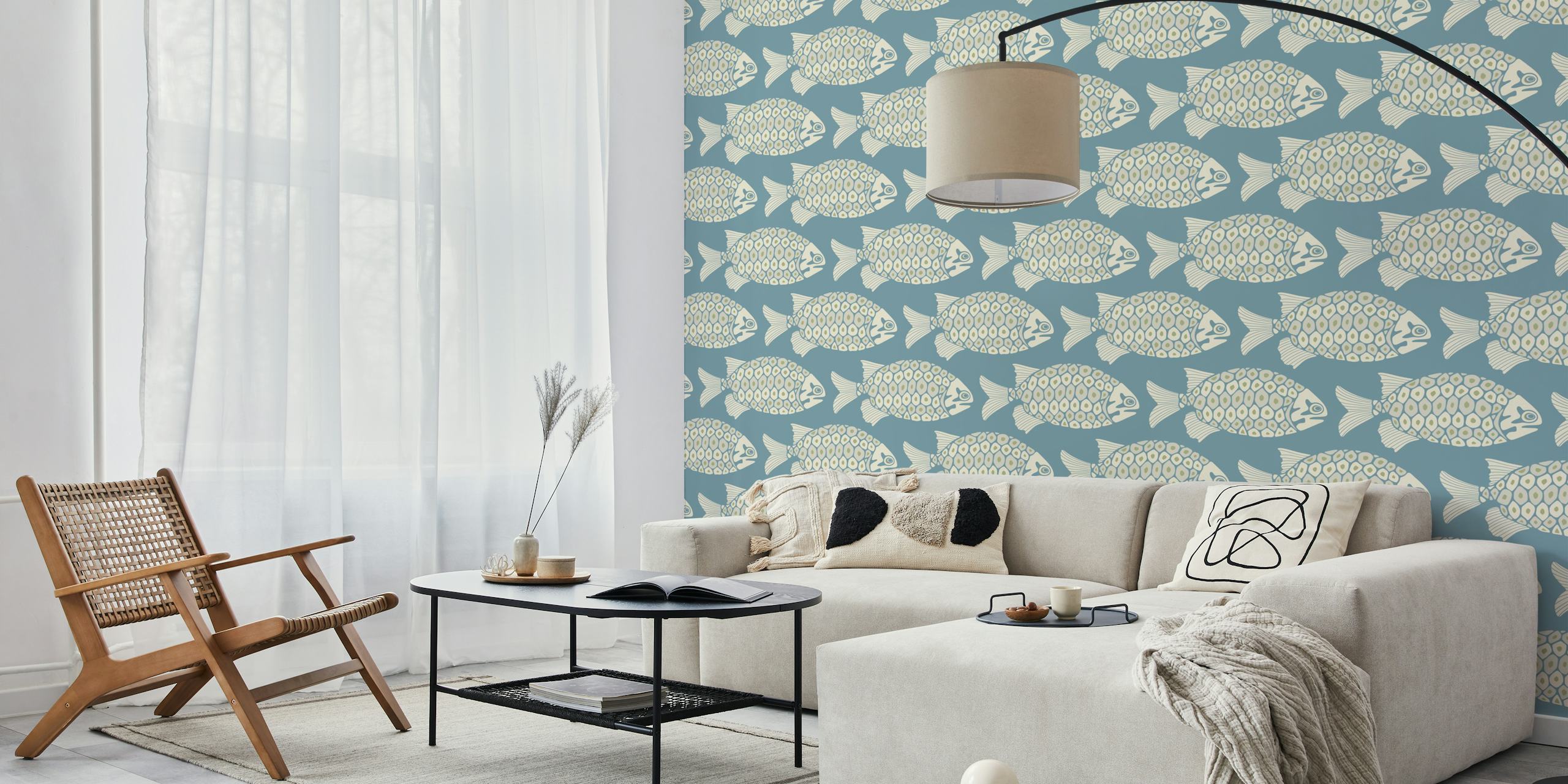 Tropical beach blue wallpaper featuring fish design