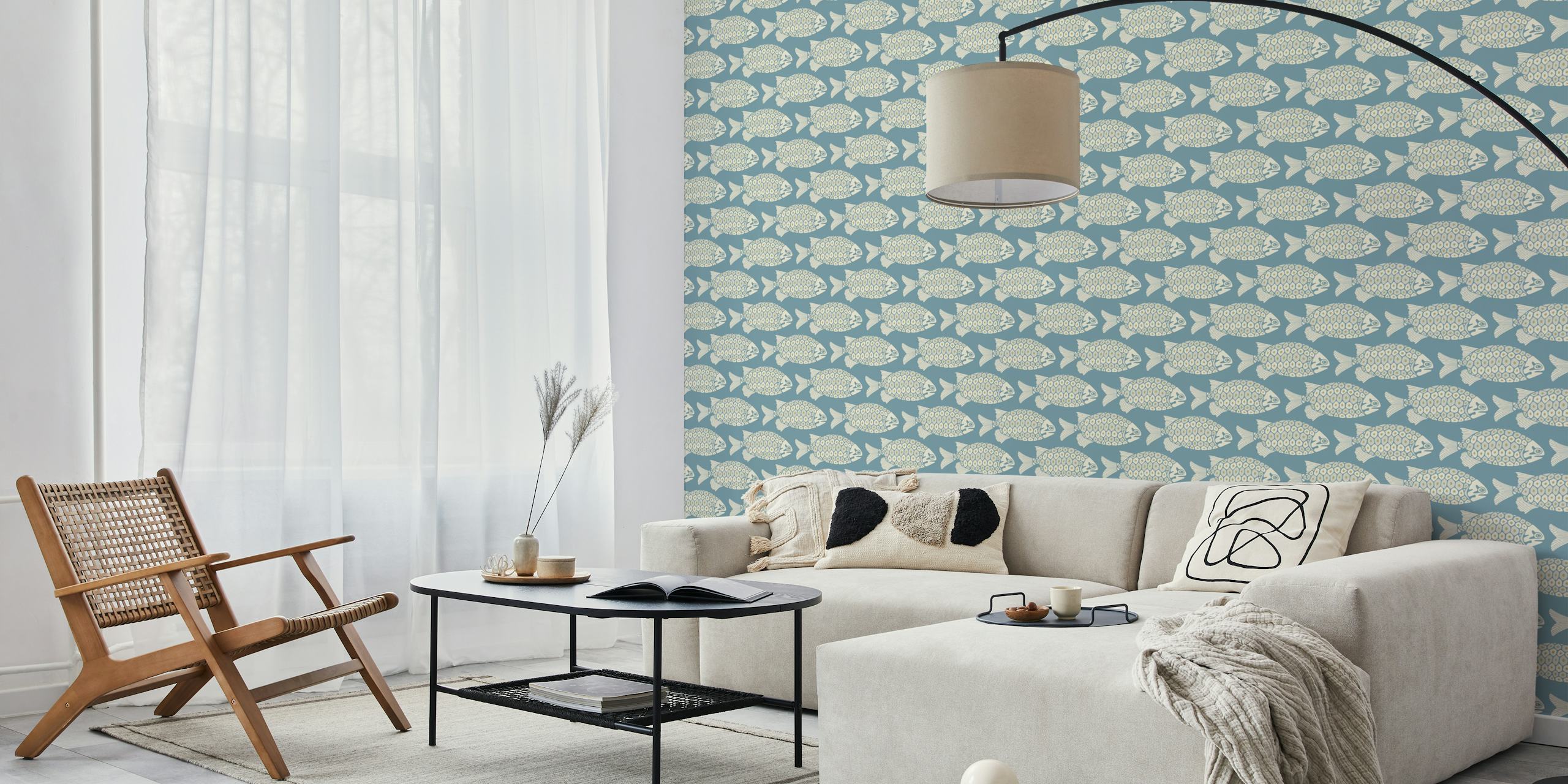 Tropical fish wallpaper pattern in blue and cream